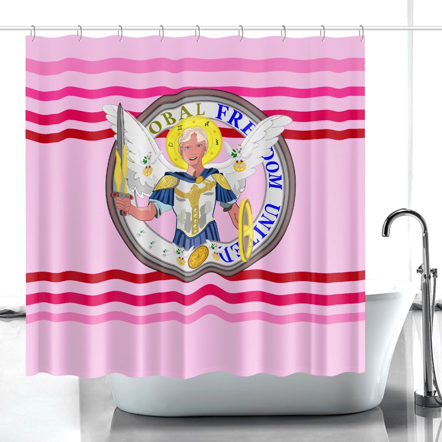 Quick-drying Shower Curtain GLOBAL FREEDOM UNITED© Archangel Michael Version 1 Pink1