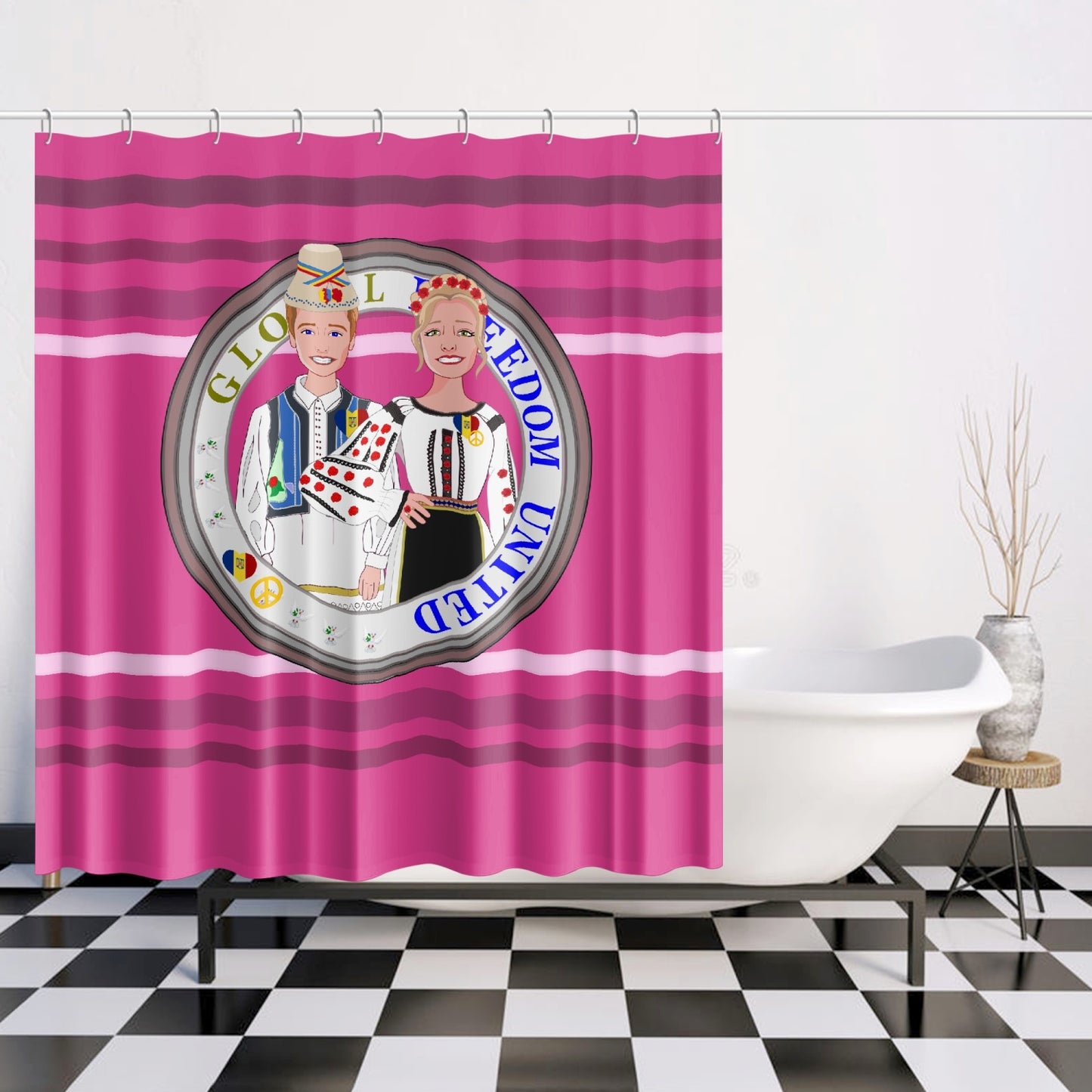 GLOBAL FREEDOM UNITED© Couple Romania Pink2 - Quick-drying Shower Curtain