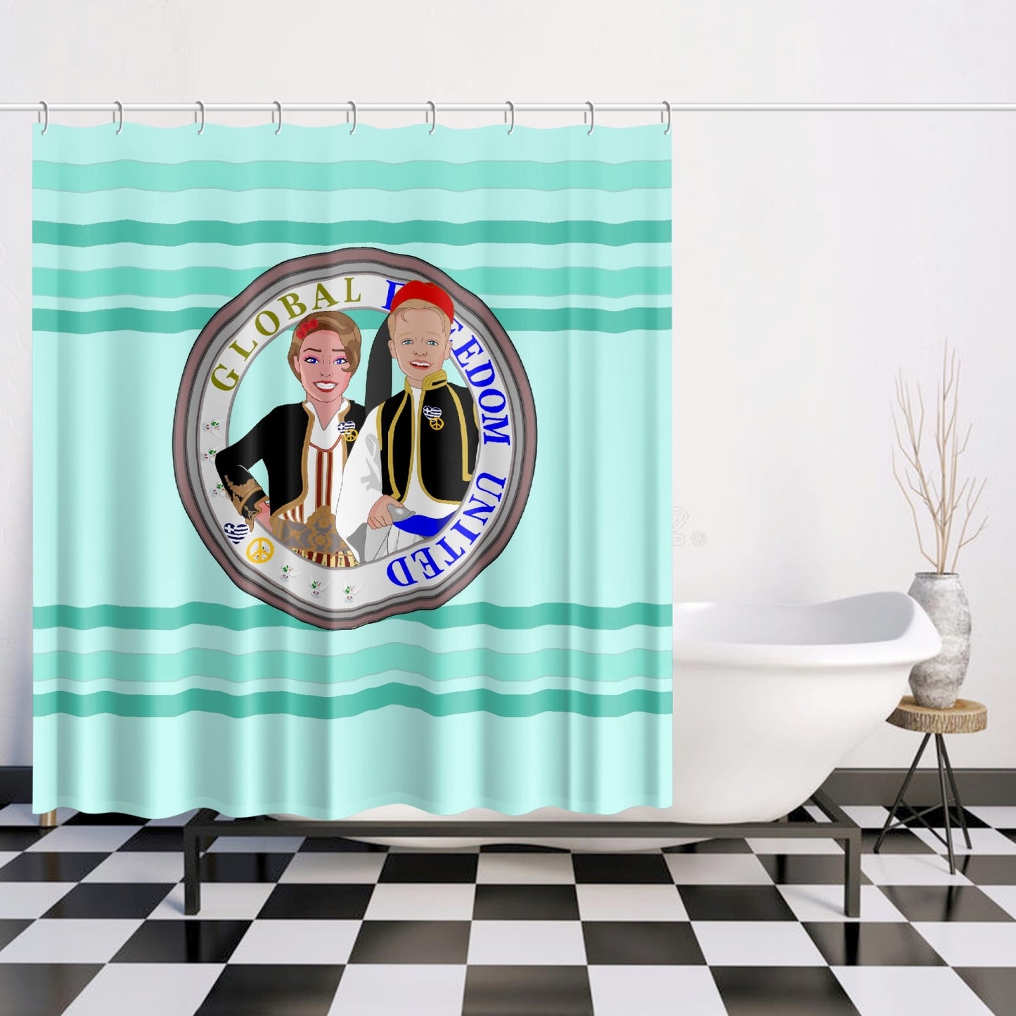 GLOBAL FREEDOM UNITED© Couple Greece Light Green Quick-drying Shower Curtain