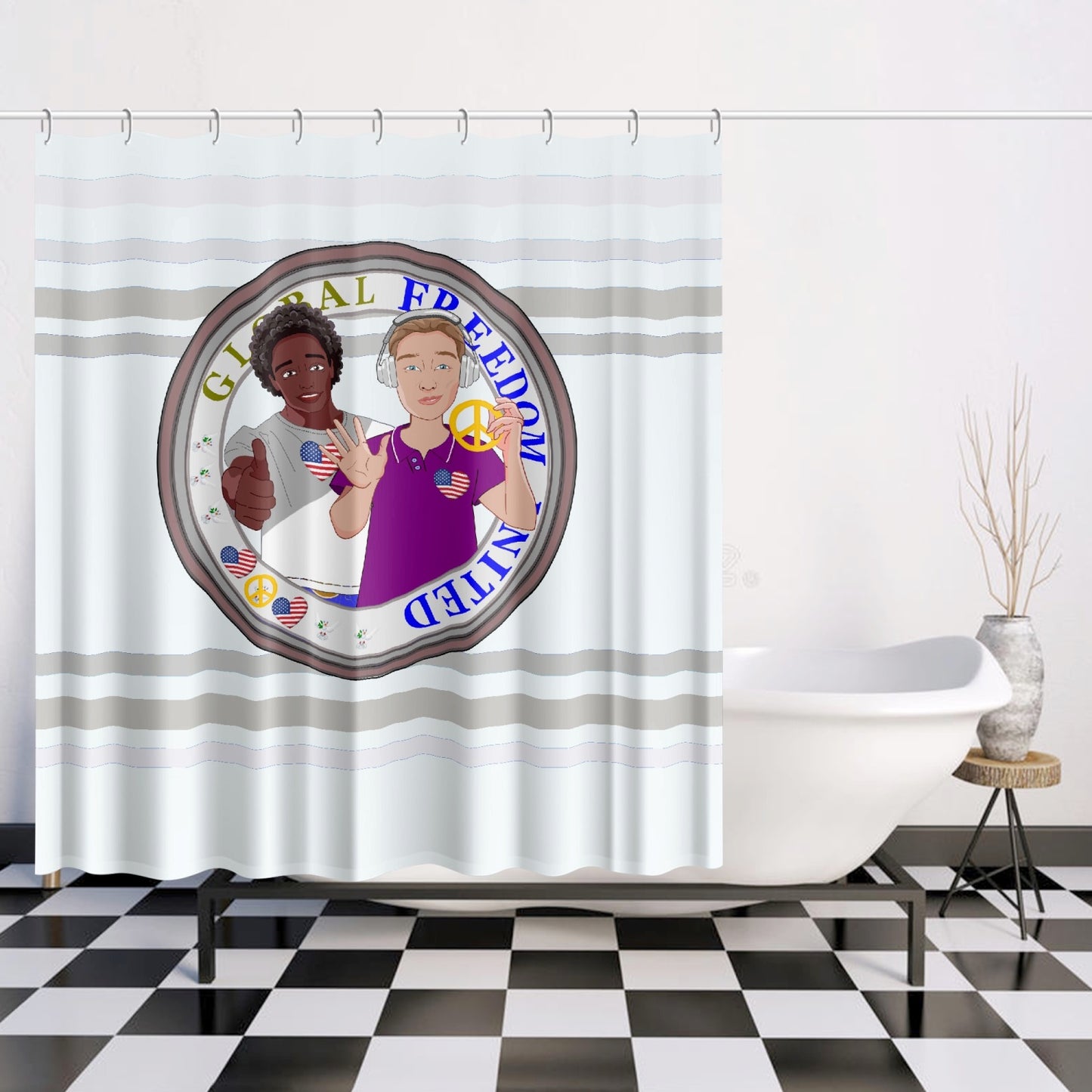 Quick-drying Shower Curtain GLOBAL FREEDOM UNITED© Men Anti Fascism & Racism USA Wight