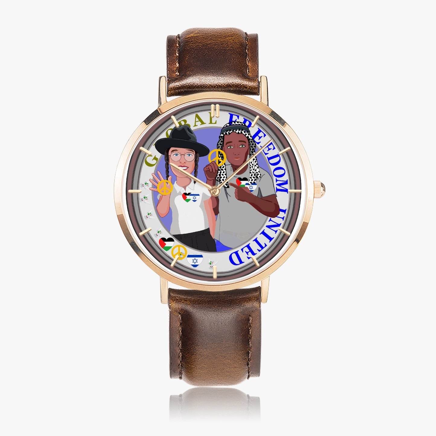 Hot Selling Ultra-Thin Leather Strap Quartz Watch (Rose Gold With Indicators) GLOBAL FREEDOM UNITED MEN ISRAEL & PALESTINA