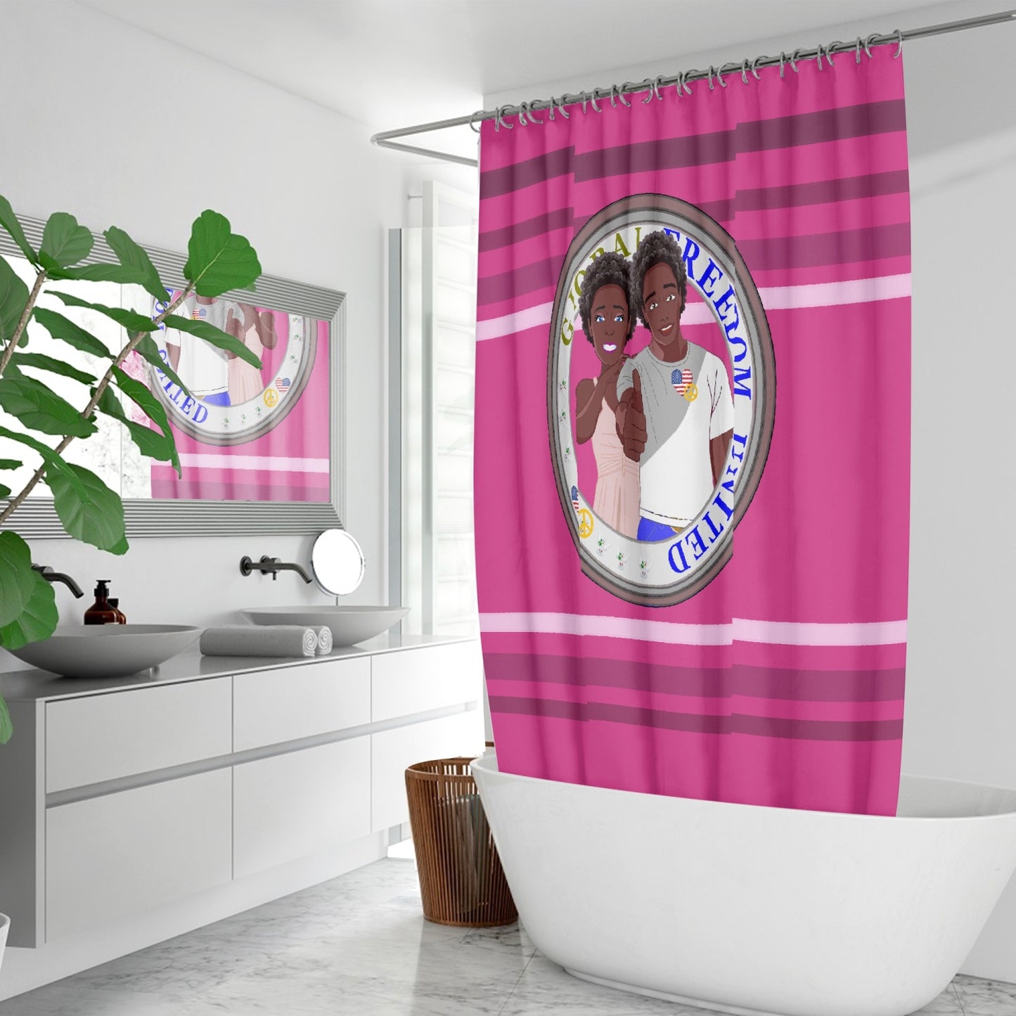 Quick-drying Shower Curtain GLOBAL FREEDOM UNITED© Couple USA Afro American Pink