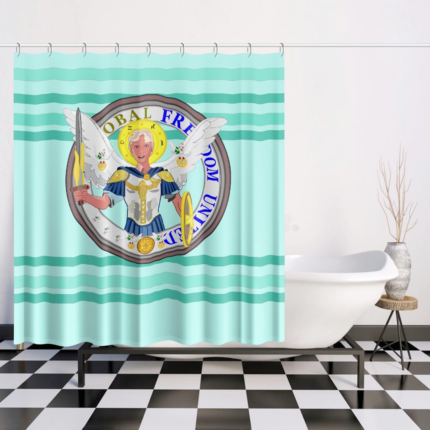 Quick-drying Shower Curtain GLOBAL FREEDOM UNITED© Archangel Michael Version 1 Light Green