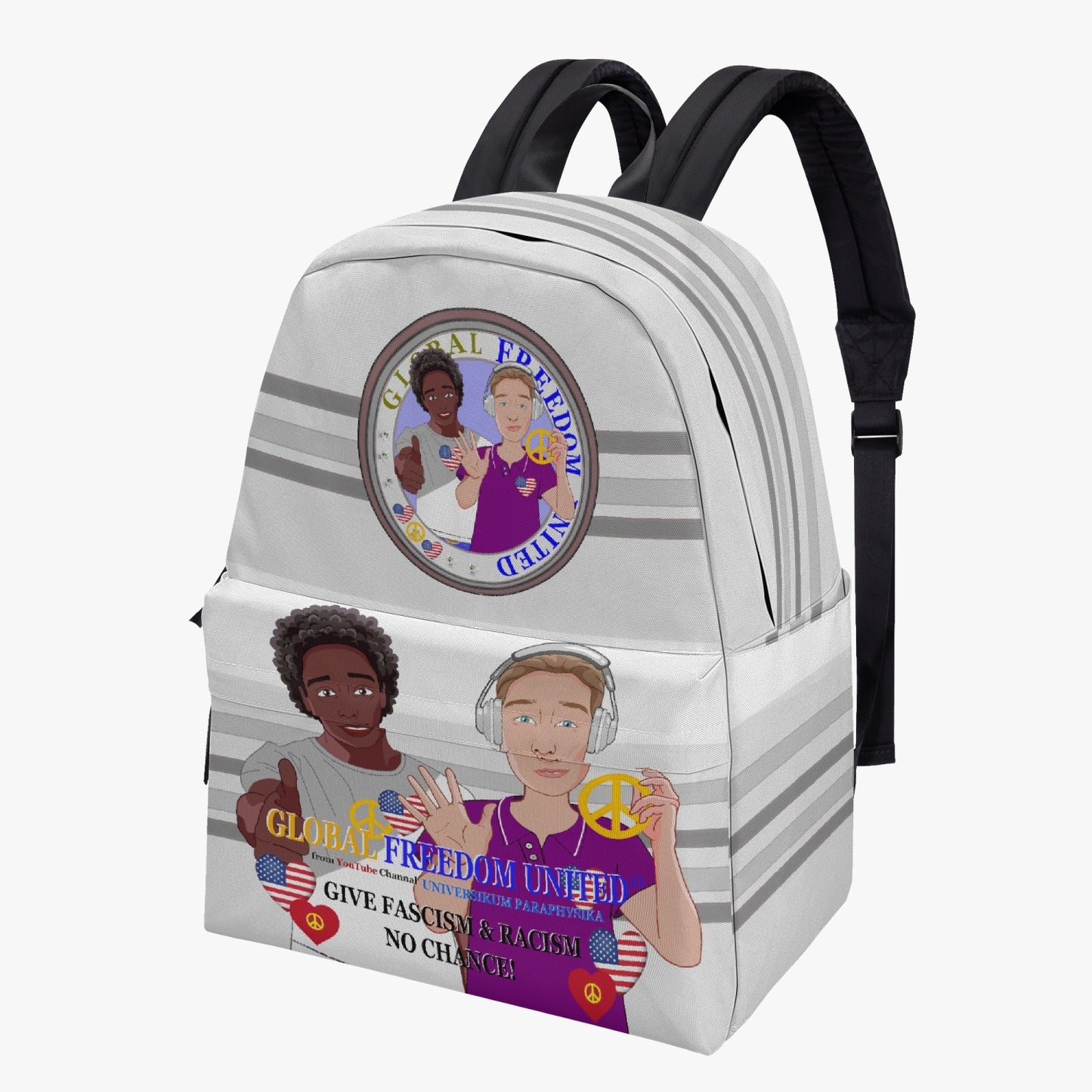 GLOBAL FREEDOM UNITED MEN ANTI FASCISM & RACISM OLD PEACE GREY All-over-print Canvas Backpack