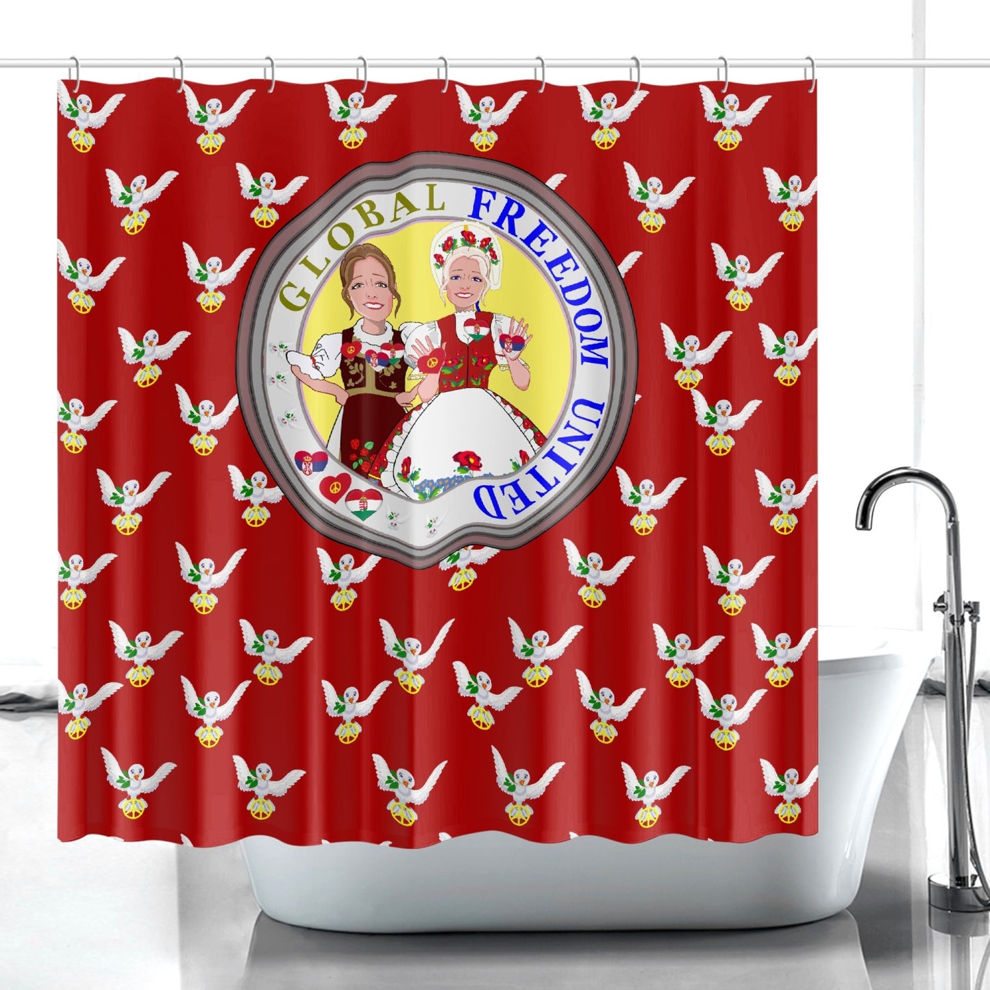 GLOBAL FREEDOM UNITED© WOMEN HUNGARY & SERBIA OLD PEACE RED Quick-drying Shower Curtain
