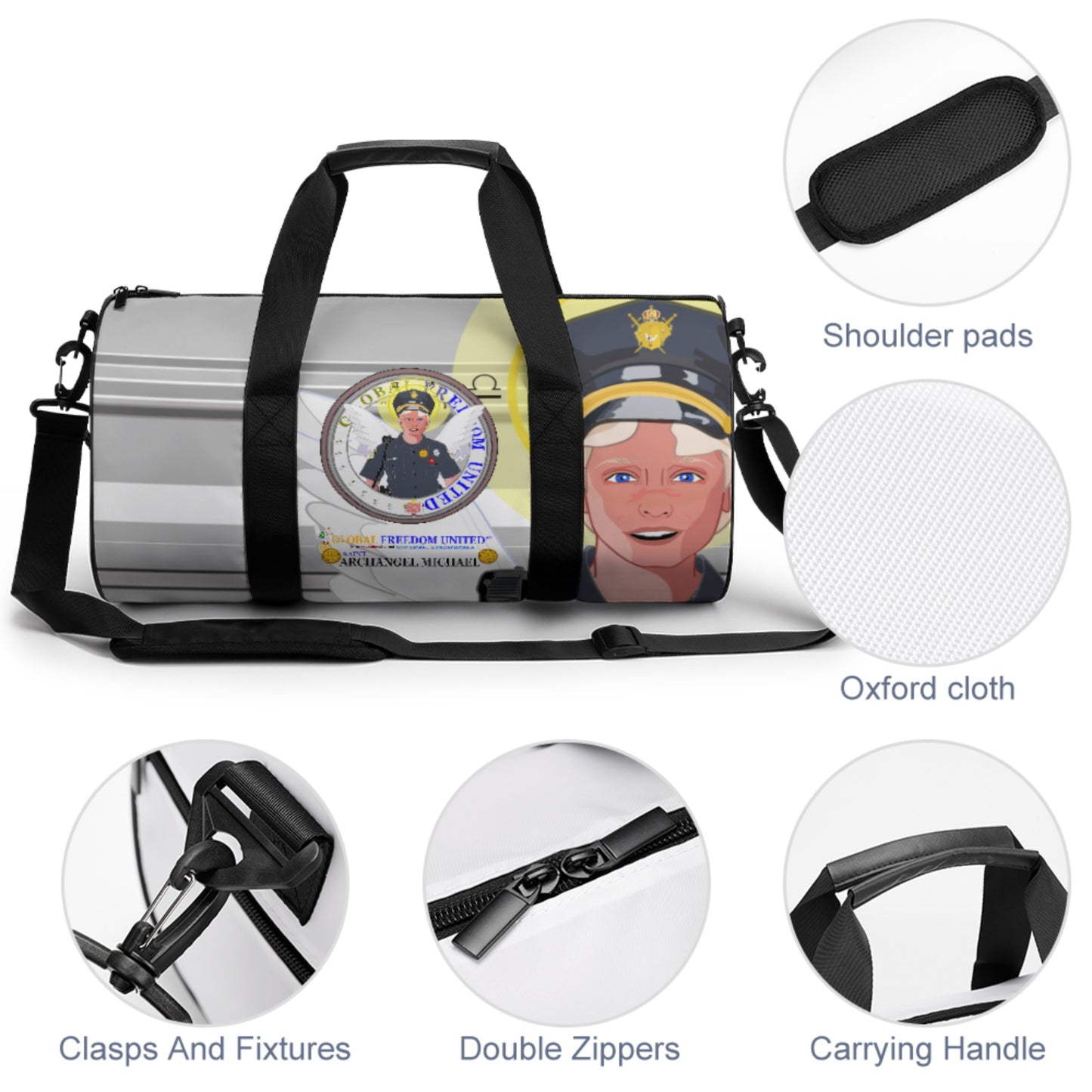 Cylindrical Gym Bag GLOBAL FREEDOM UNITED© Archangel Michael As Policemen Deep Grey