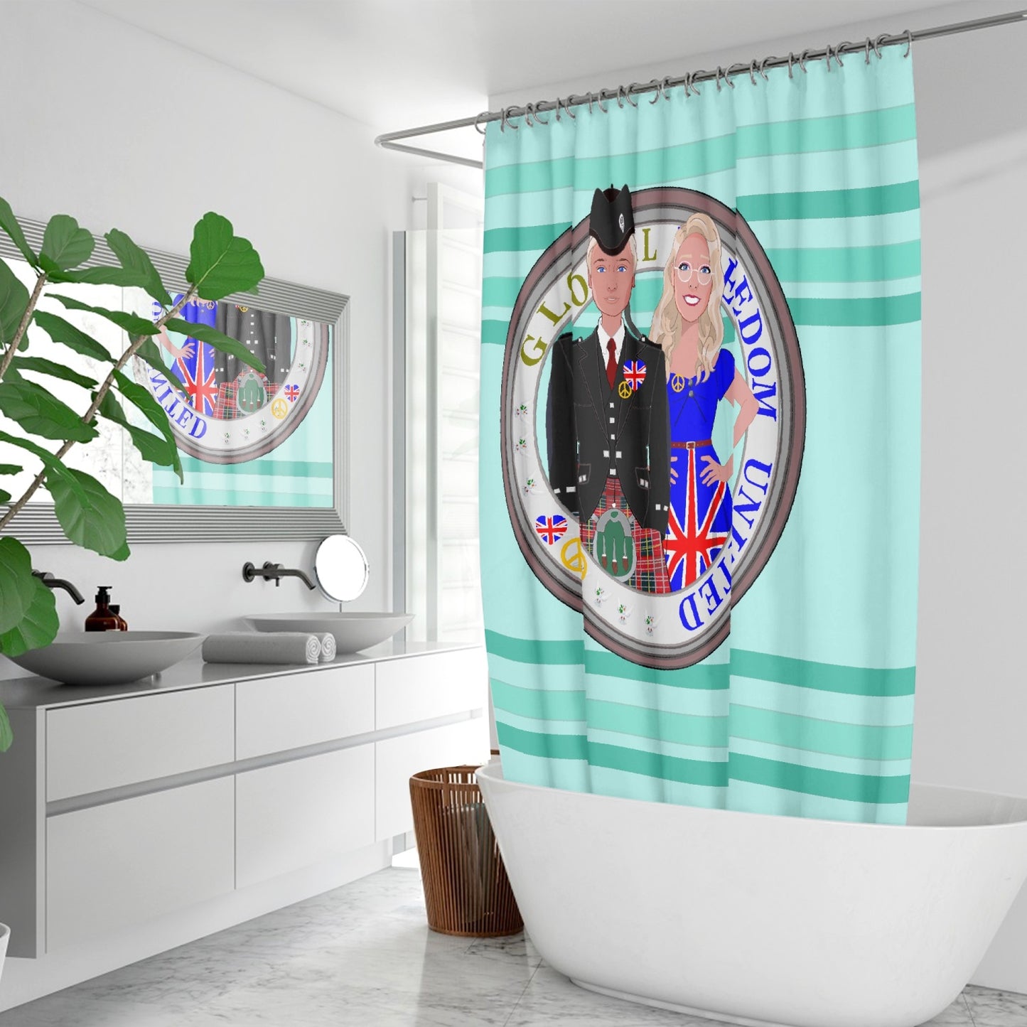 GLOBAL FREEDOM UNITED© Couple England Light Green - Quick-drying Shower Curtain