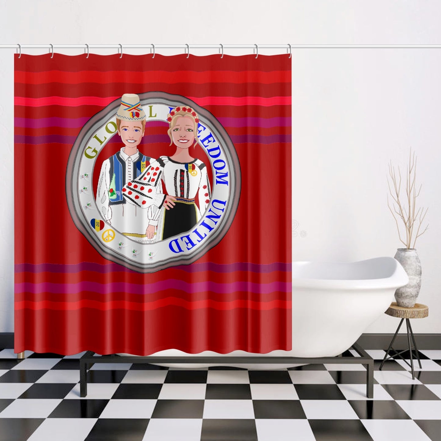 GLOBAL FREEDOM UNITED© Couple Romania Red - Quick-drying Shower Curtain