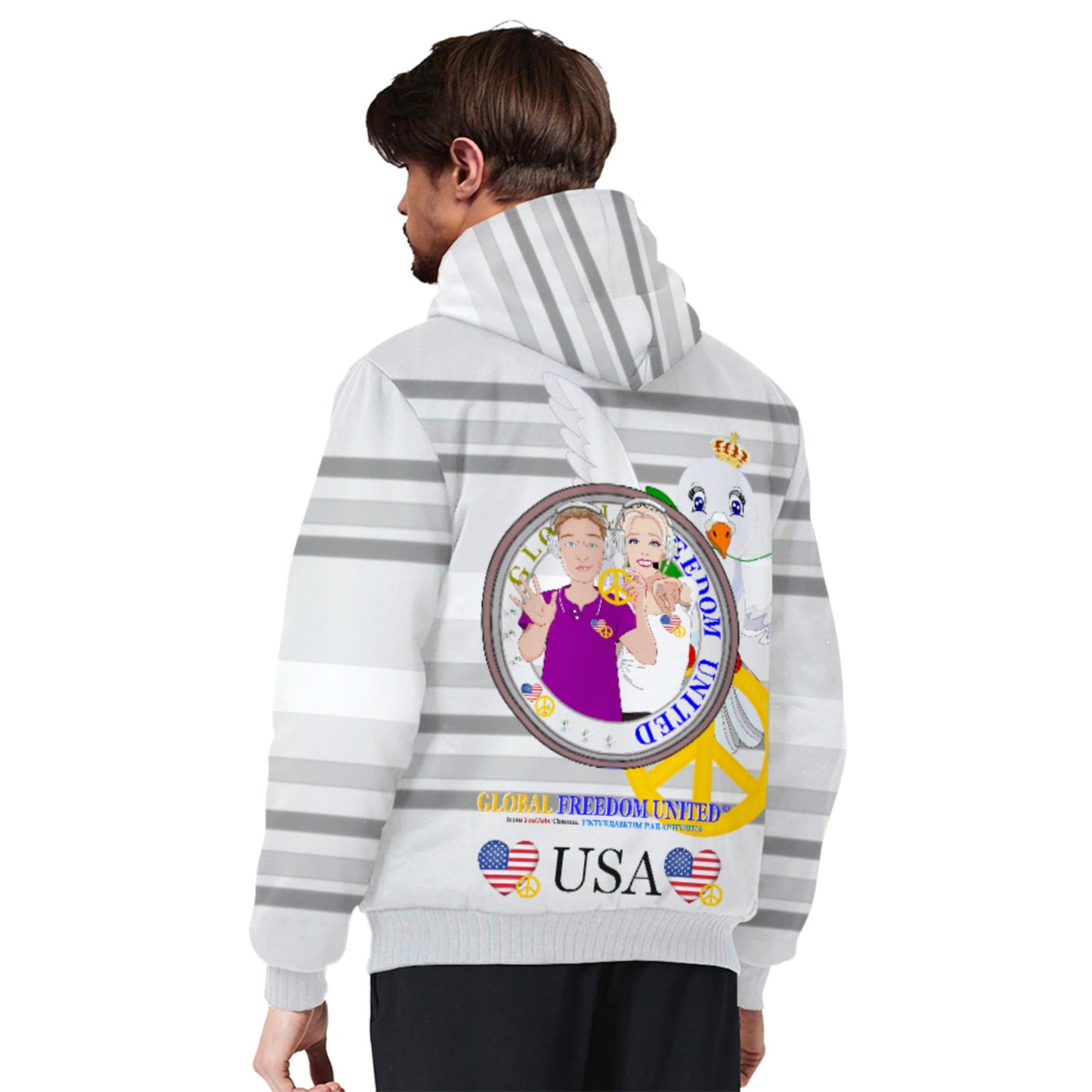 Plush Hoodie GLOBAL FREEDOM UNITED© Couple USA Wight American Grey