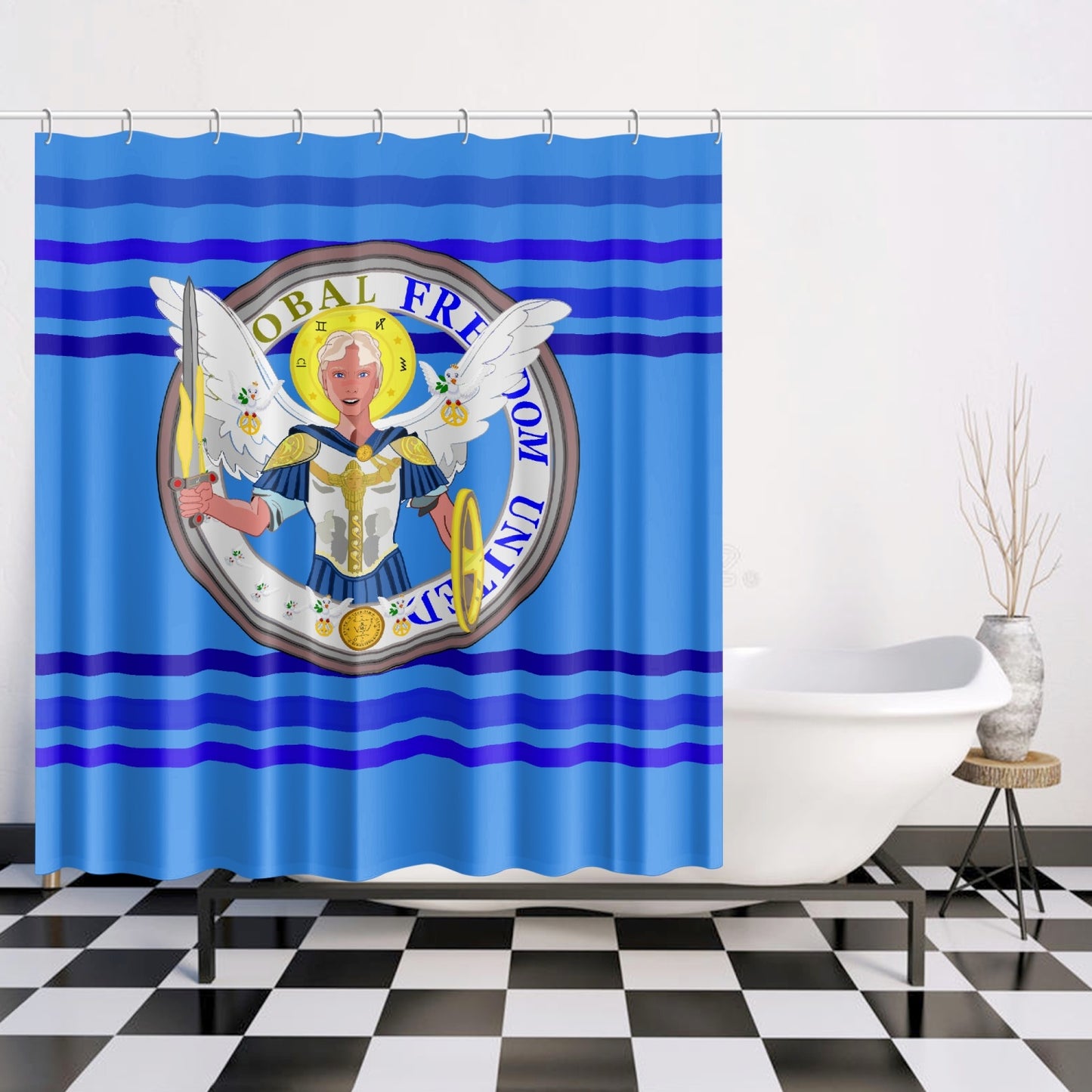 Quick-drying Shower Curtain GLOBAL FREEDOM UNITED© Archangel Michael Version 1 Deep Blue