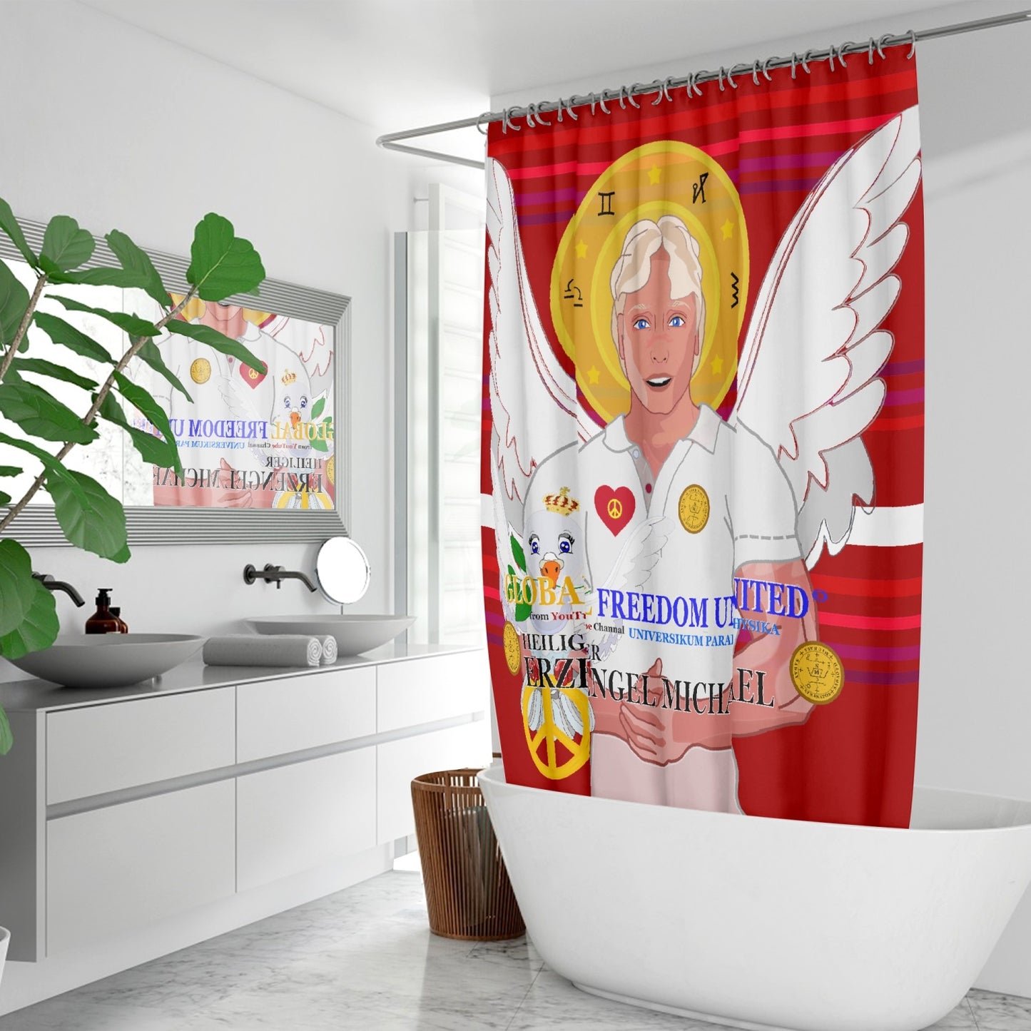 Quick-drying Shower Curtain GLOBAL FREEDOM UNITED ARCGANGEL MICHAEL GERMAN RED