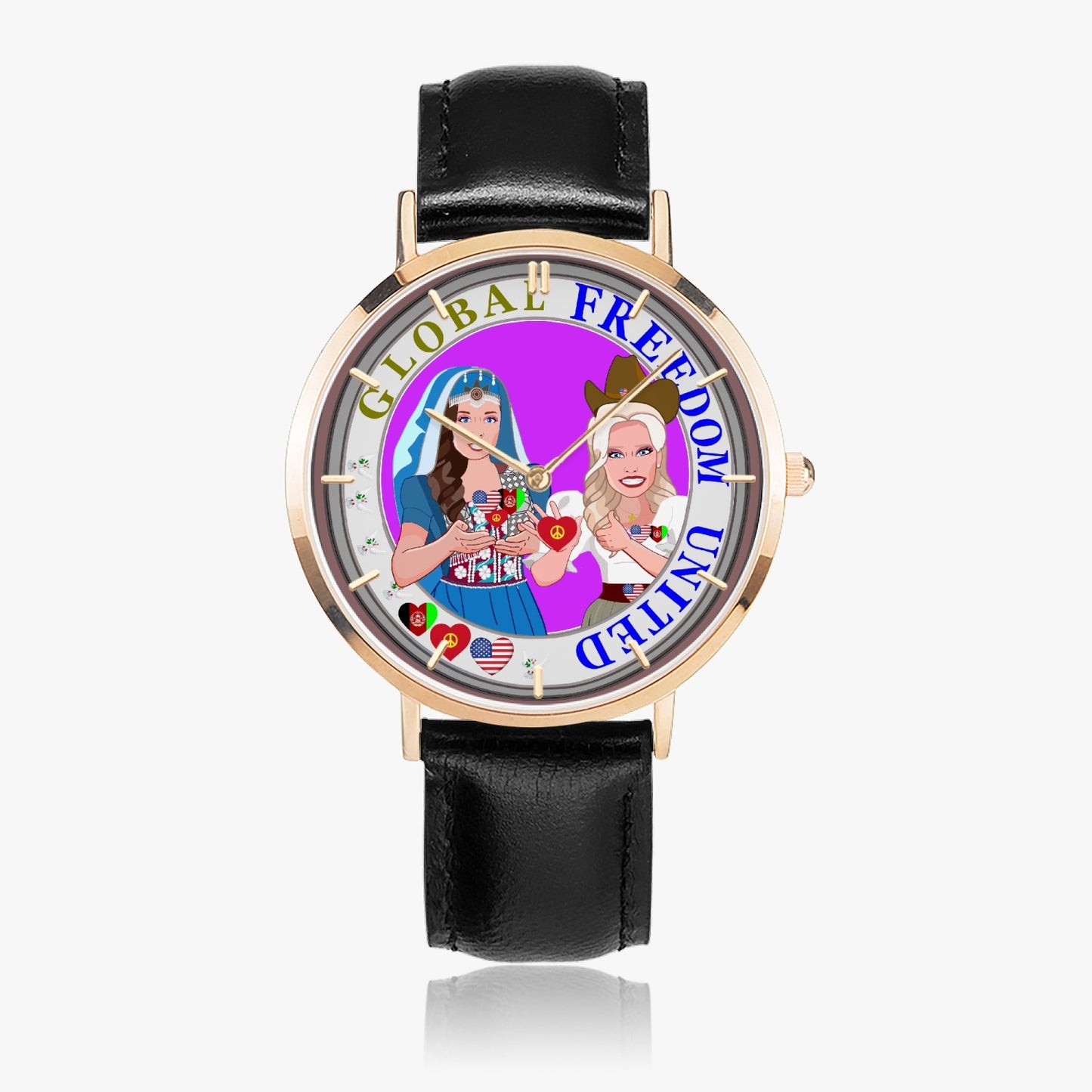 GLOBAL FREEDOM UNITED©  Hot Selling Ultra-Thin Leather Strap Quartz Watch (Rose Gold With Indicators) Women Afghanistan & USA