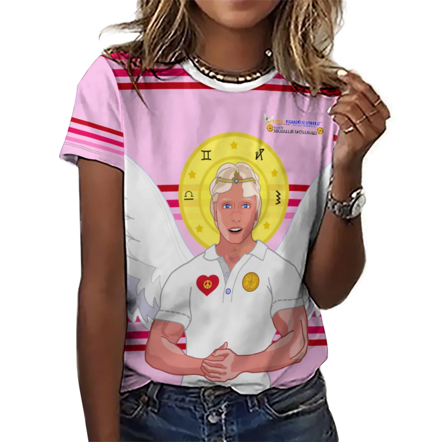 Women´s T-shirt  Global Freedom United© Archangel Michael In Latin V2 Pink1