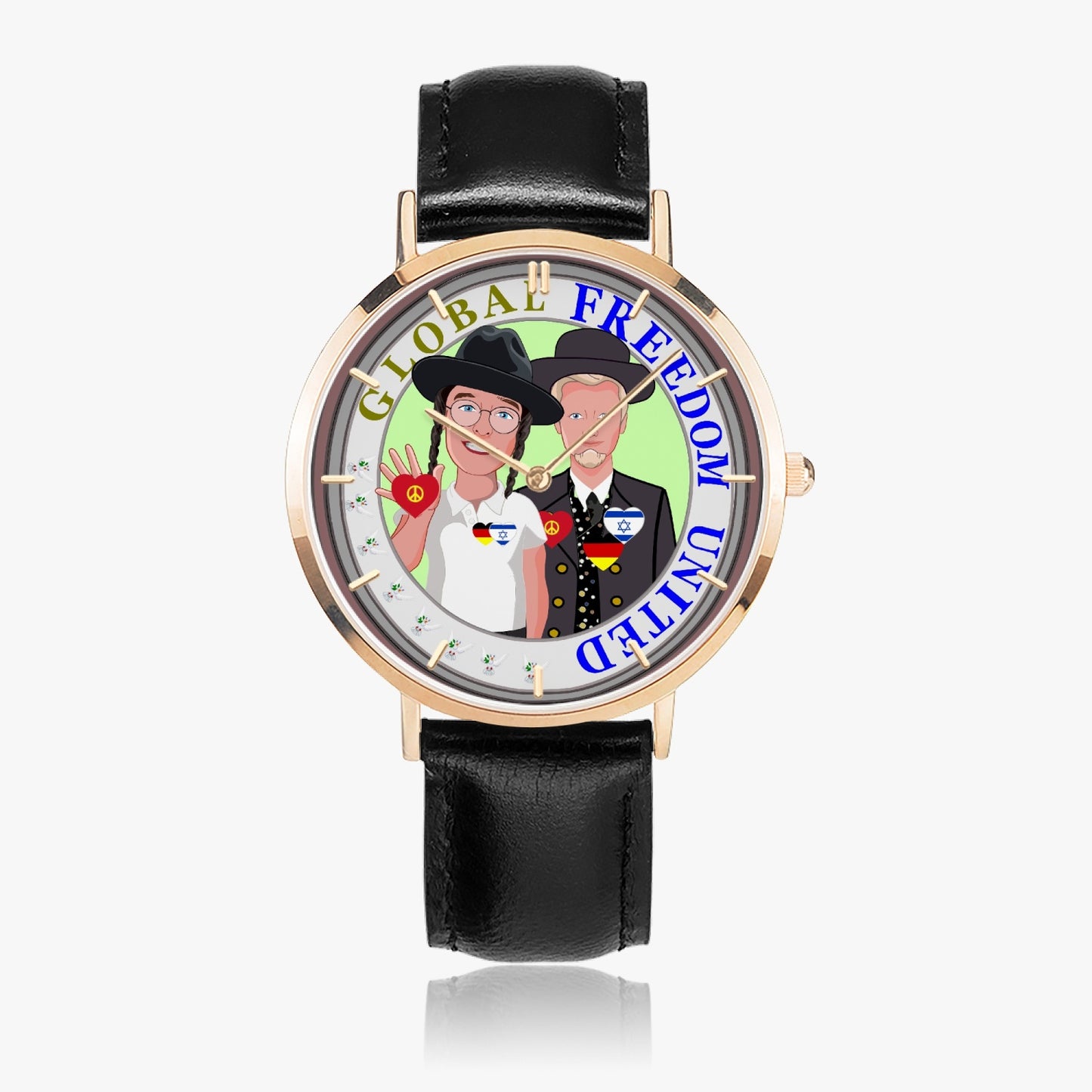 GLOBAL FREEDOM UNITED© Hot Selling Ultra-Thin Leather Strap Quartz Watch (Rose Gold With Indicators) Men Israel & Germany