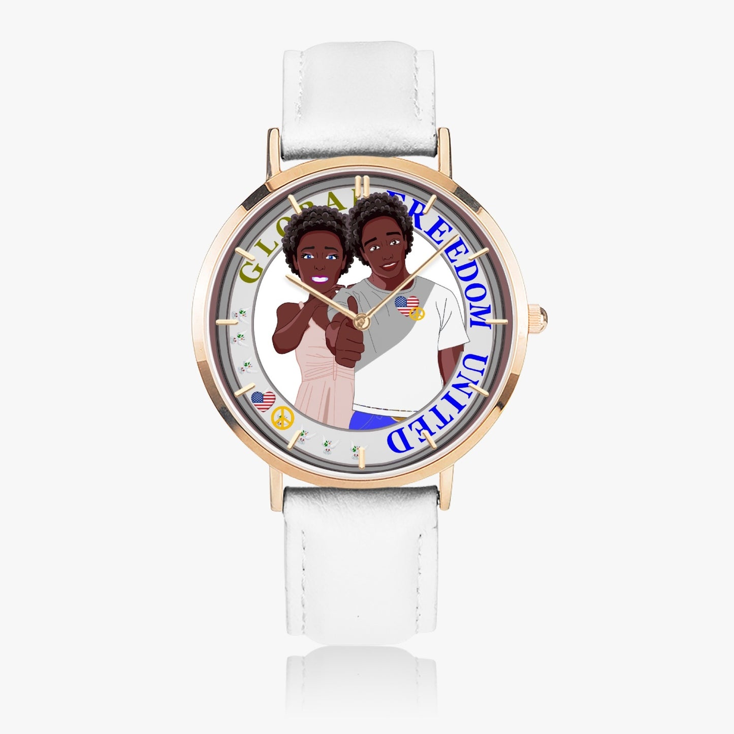 GLOBAL FREEDOM UNITED© Couple Afro American - Hot Selling Ultra-Thin Leather Strap Quartz Watch (Rose Gold With Indicators)