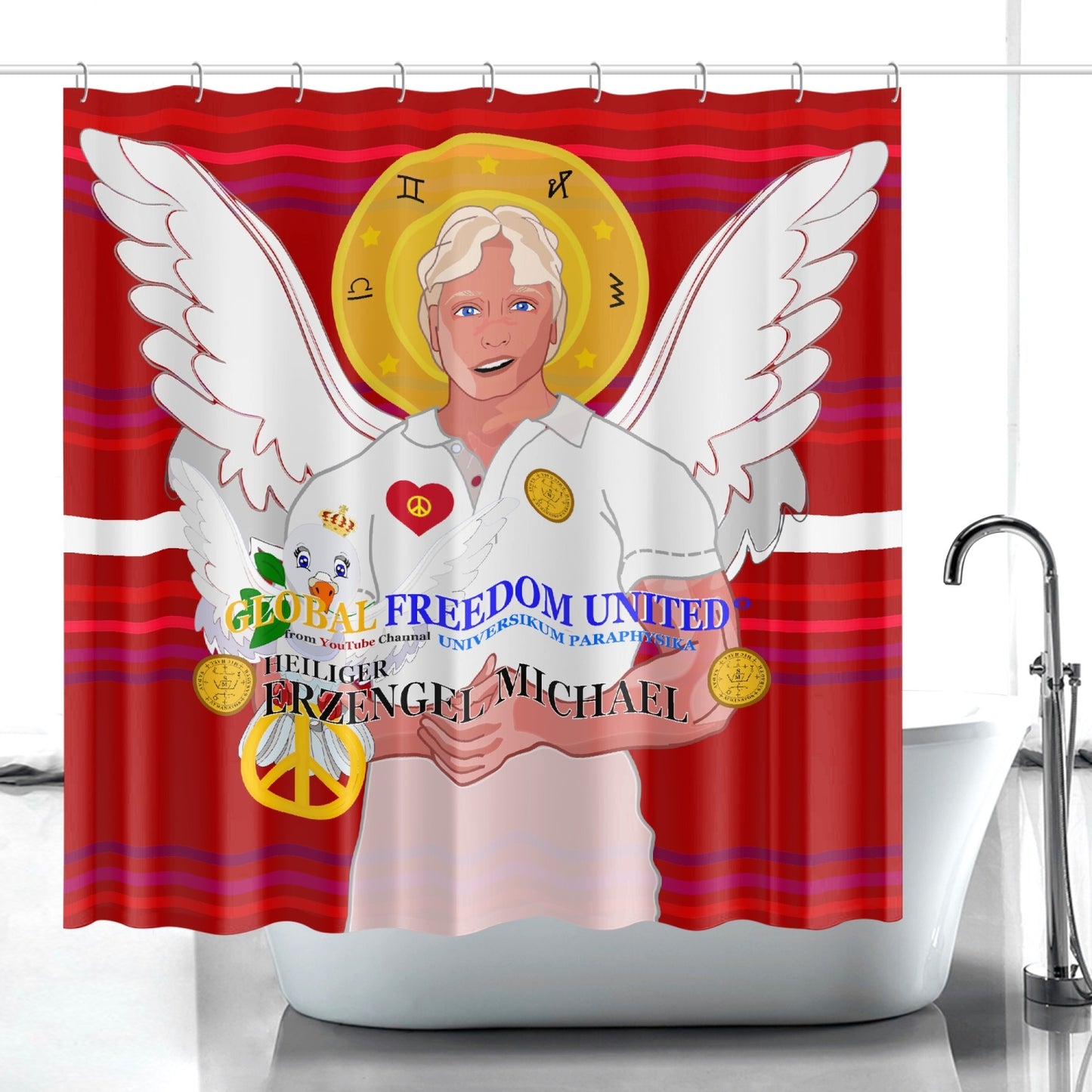 Quick-drying Shower Curtain GLOBAL FREEDOM UNITED ARCGANGEL MICHAEL GERMAN RED