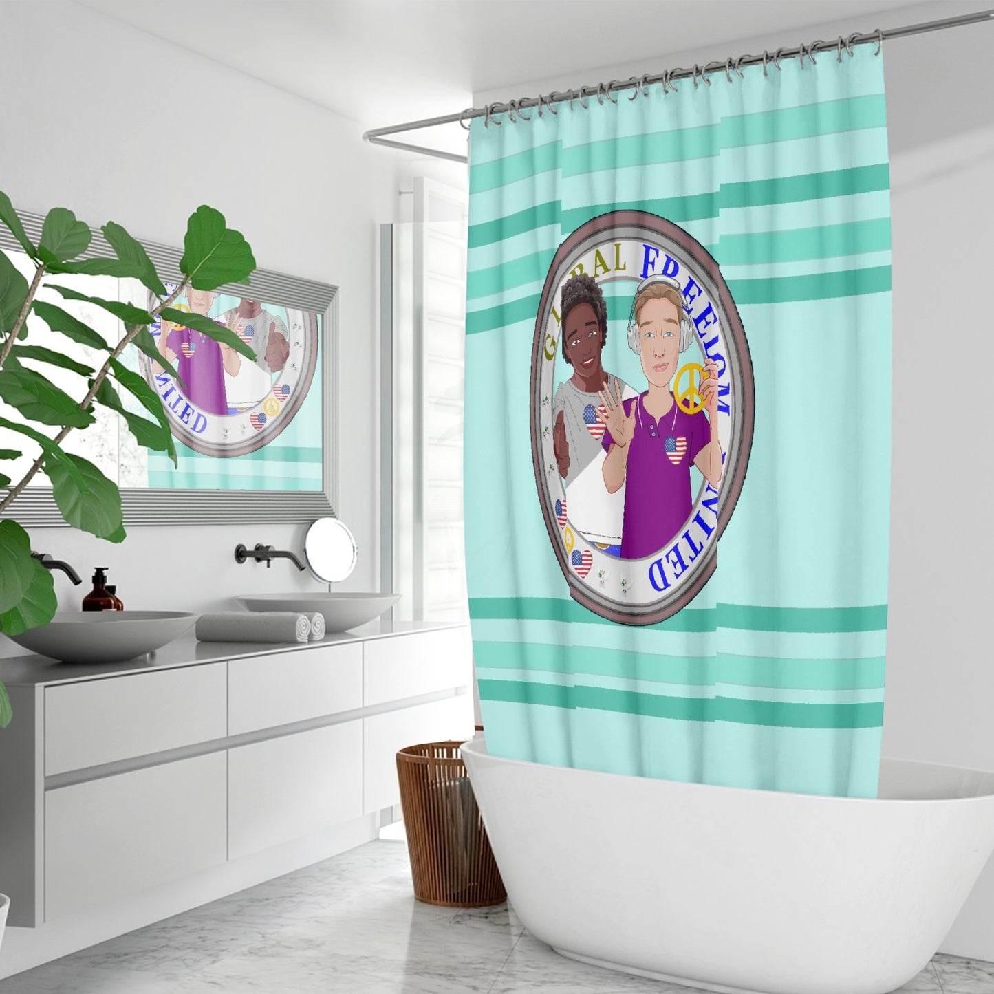 Quick-drying Shower Curtain GLOBAL FREEDOM UNITED© Men Anti Fascism & Racism USA Light Green