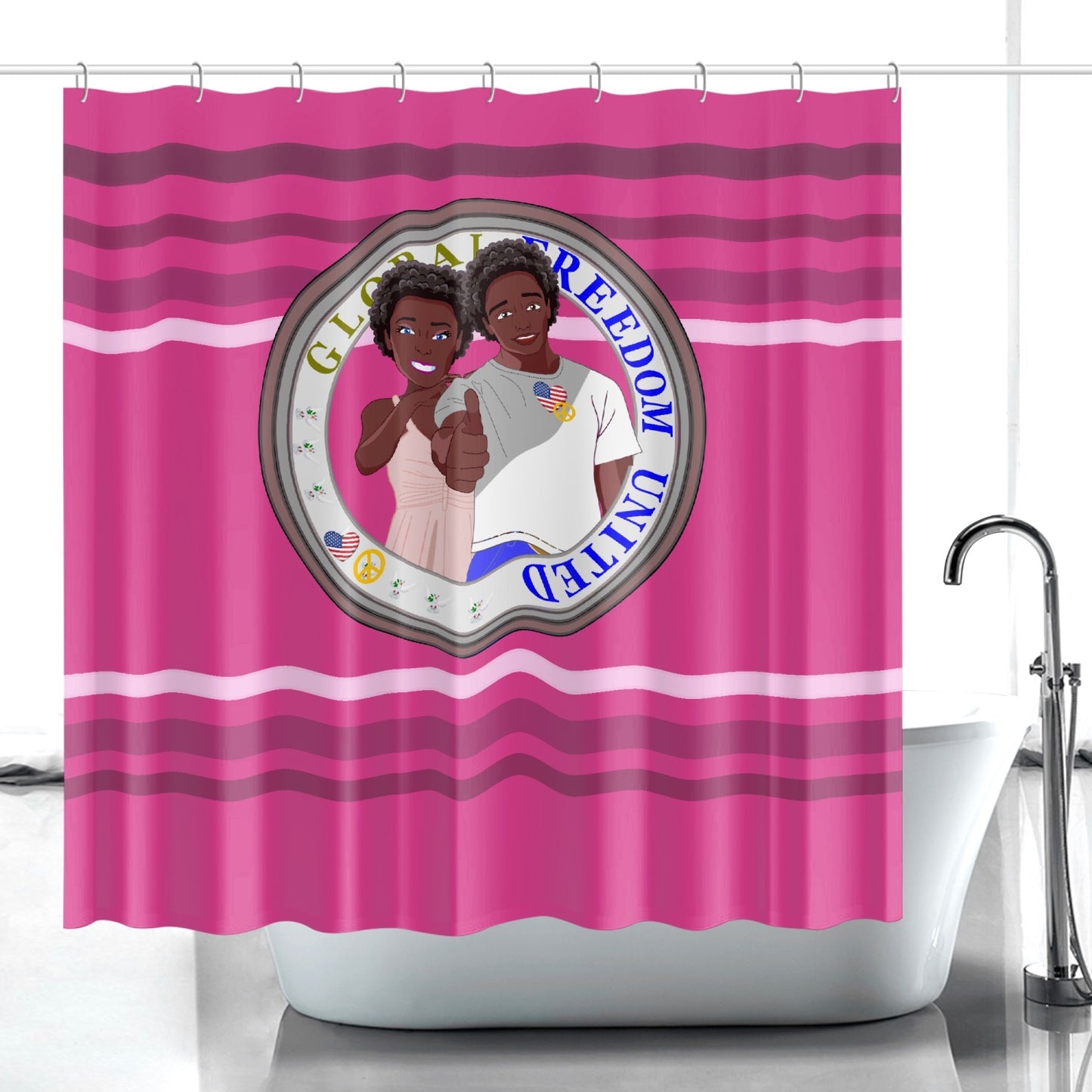 Quick-drying Shower Curtain GLOBAL FREEDOM UNITED© Couple USA Afro American Pink