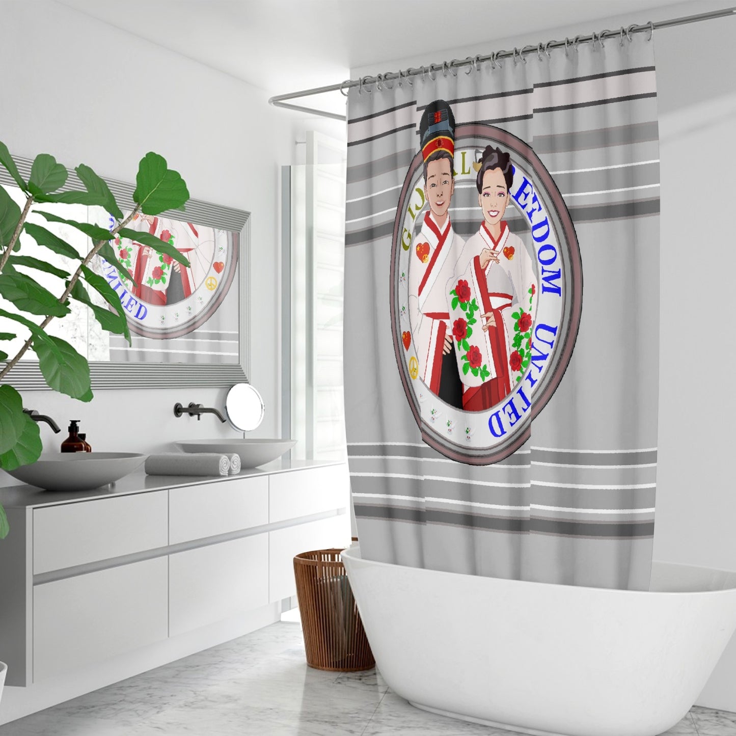 GLOBAL FREEDOM UNITED© Couple China Grey - Quick-drying Shower Curtain