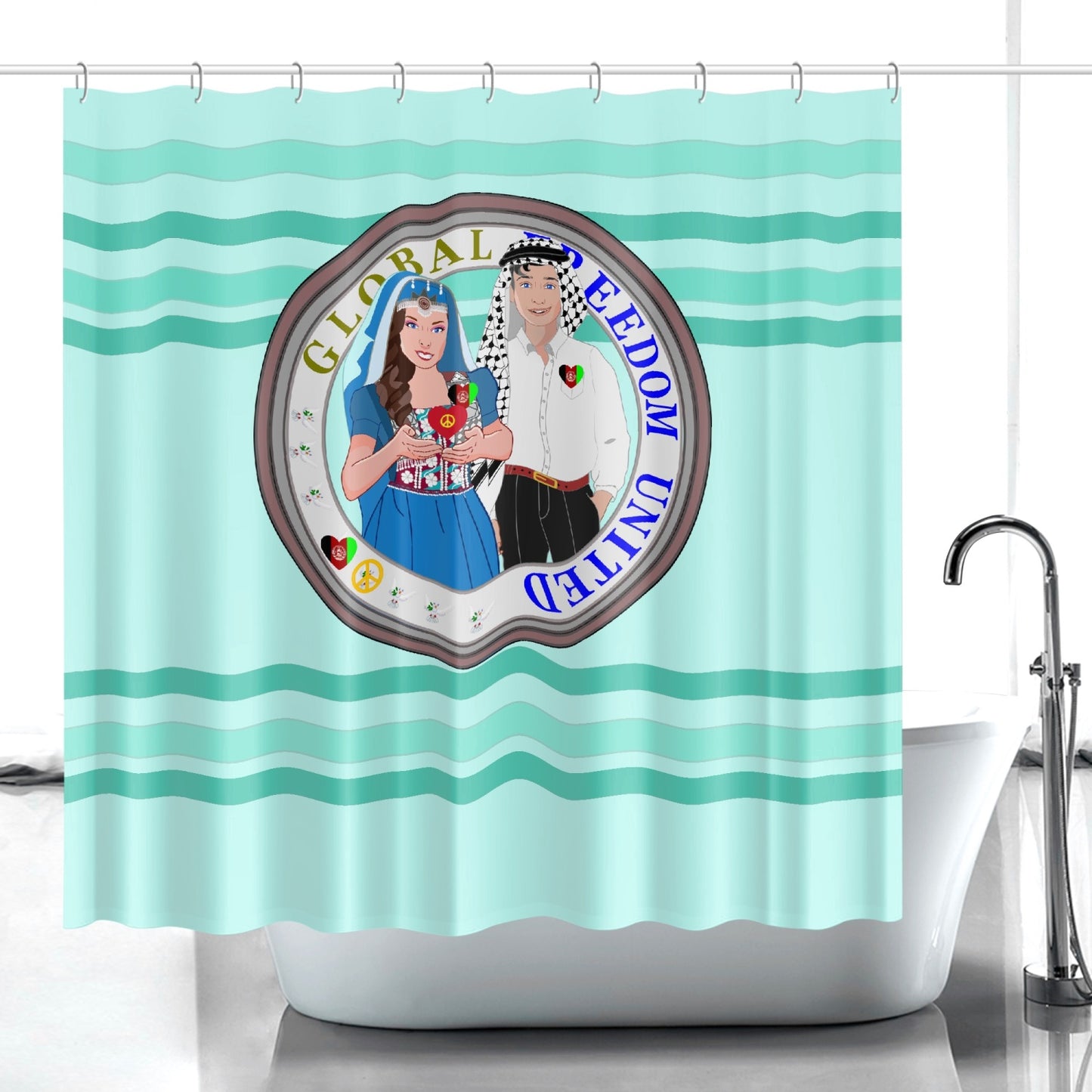 GLOBAL FREEDOM UNITED© Couple Afghanistan Light Green Quick-drying Shower Curtain