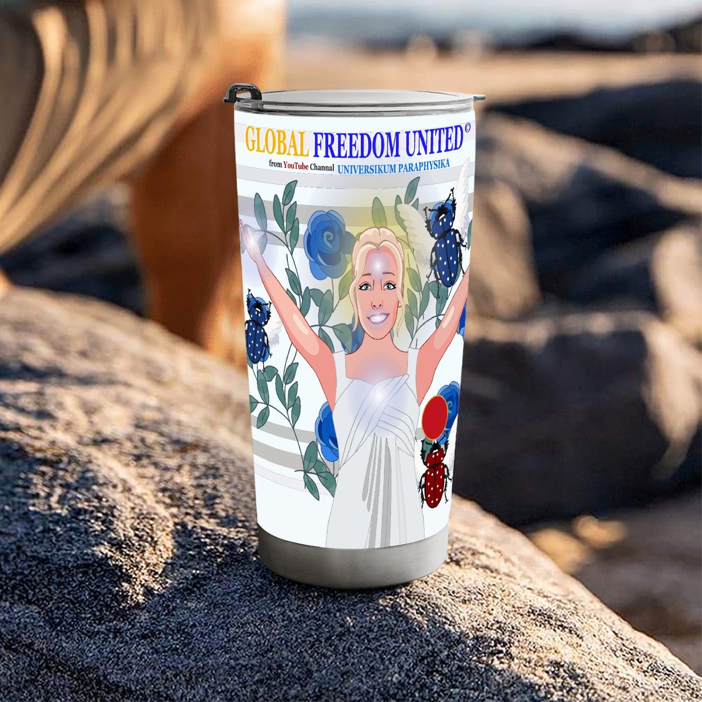 Tumbler GLOBAL FREEDOM UNITED© UNIVERSIKUM PARAPHYSIKA SPIRITUEL Blue ROSES with Skarabeus Beetle