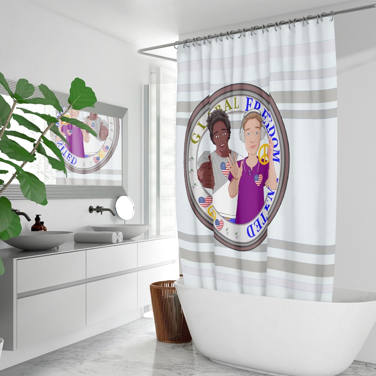 Quick-drying Shower Curtain GLOBAL FREEDOM UNITED© Men Anti Fascism & Racism USA Wight