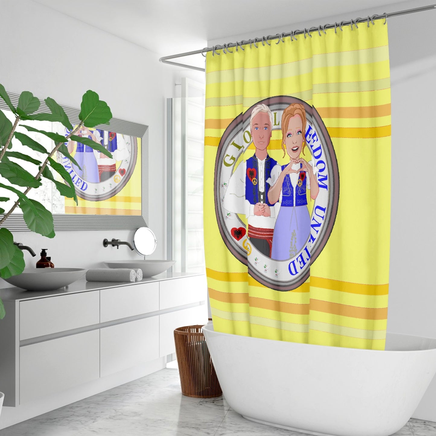 GLOBAL FREEDOM UNITED© Couple Albania Yellow Quick-drying Shower Curtain