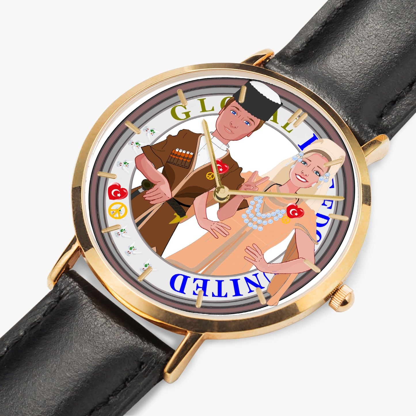 GLOBAL FREEDOM UNITED© Couple Turkey Hot Selling Ultra-Thin Leather Strap Quartz Watch (Rose Gold With Indicators)