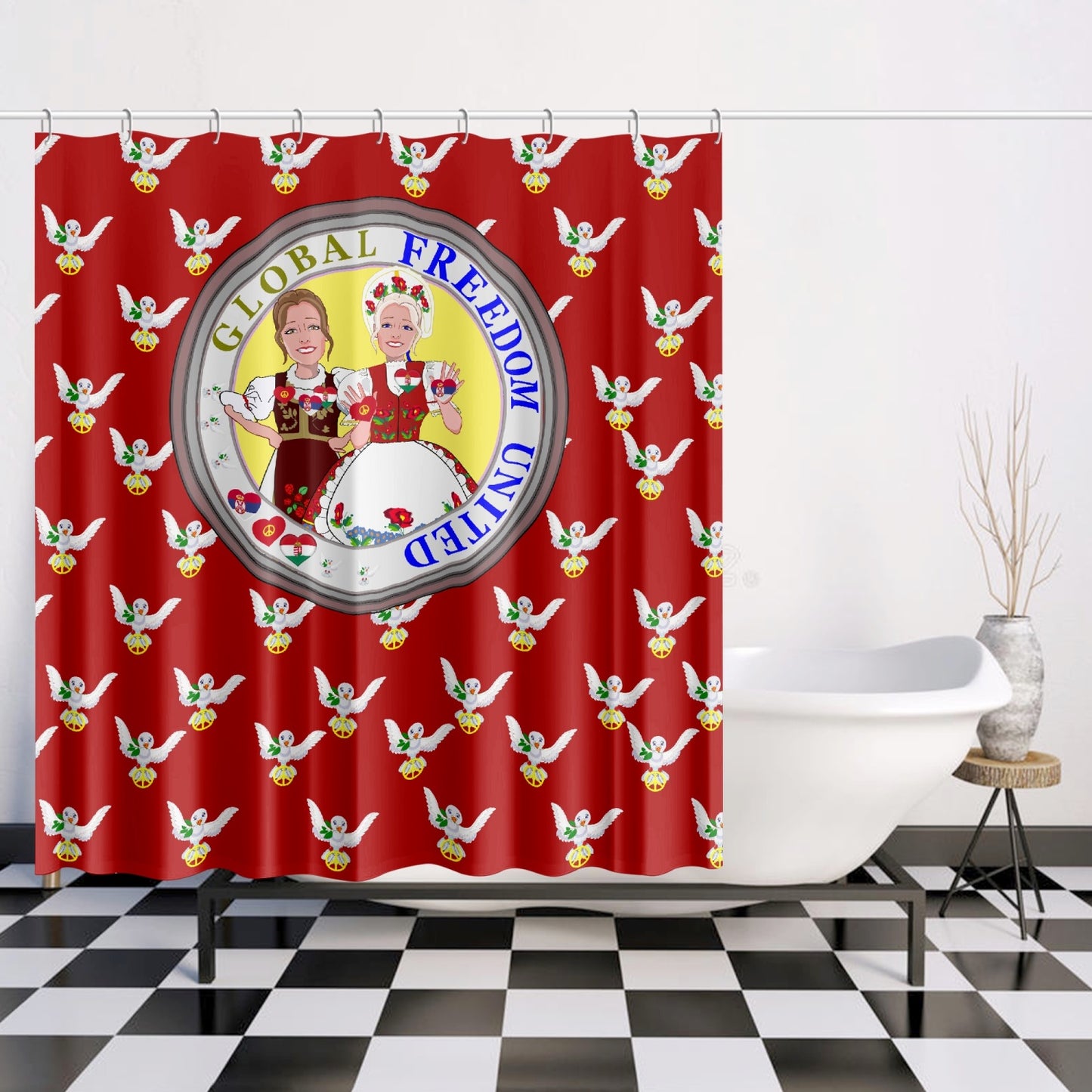 GLOBAL FREEDOM UNITED© WOMEN HUNGARY & SERBIA OLD PEACE RED Quick-drying Shower Curtain