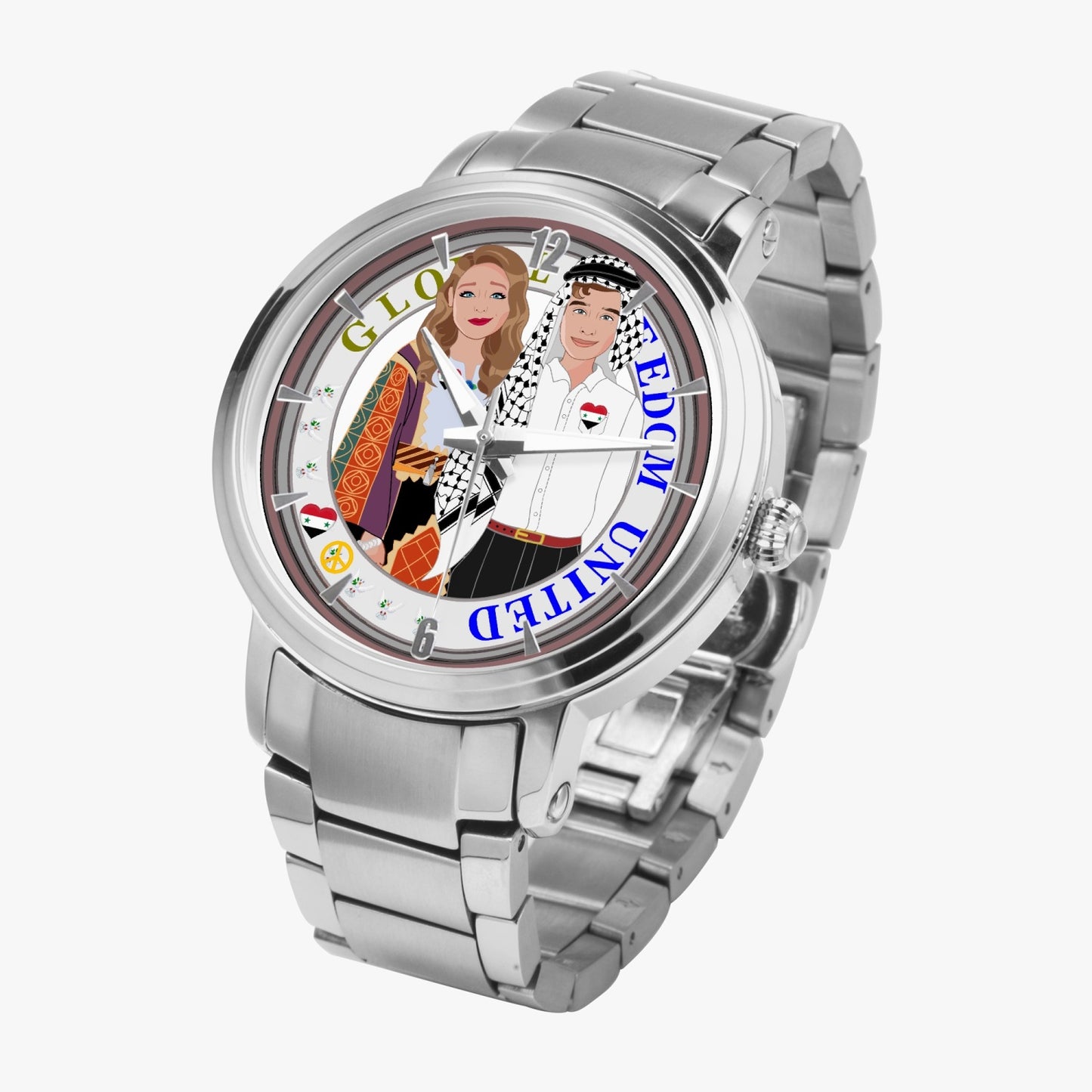 GLOBAL FREEDOM UNITED© Couple Syria New Steel Strap Automatic Watch (With Indicators)