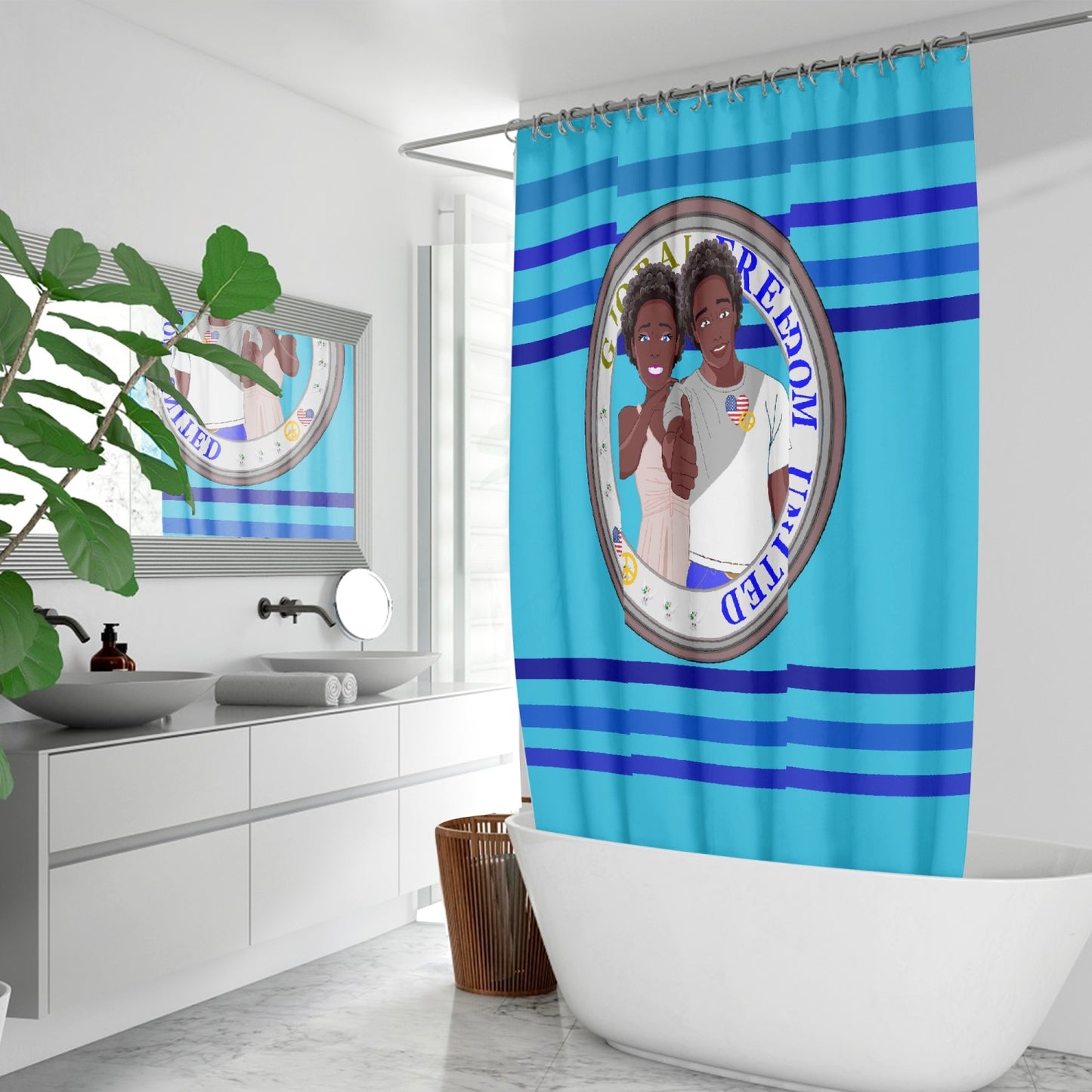Quick-drying Shower Curtain GLOBAL FREEDOM UNITED© Couple USA Afro American Deep Blue