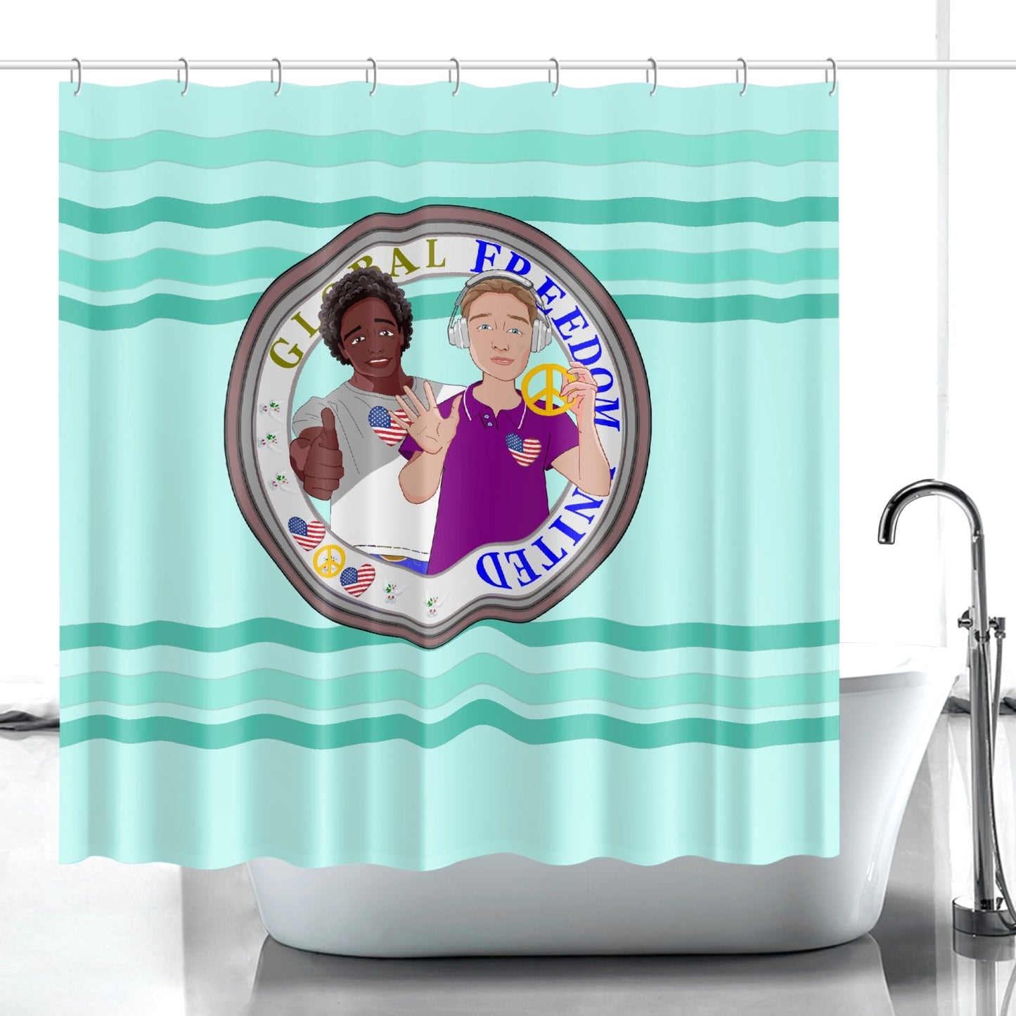 Quick-drying Shower Curtain GLOBAL FREEDOM UNITED© Men Anti Fascism & Racism USA Light Green