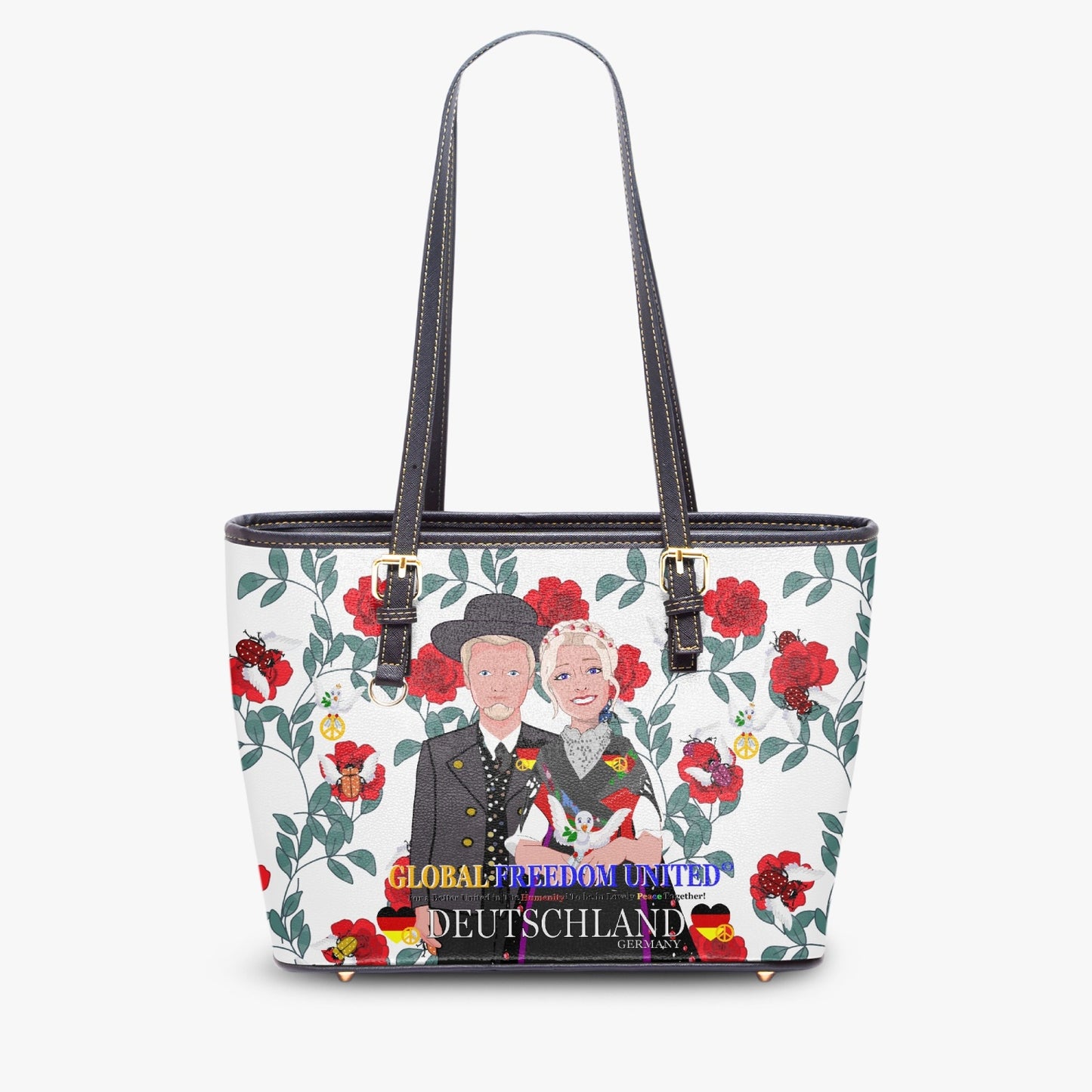 GLOBAL FREEDOM UNITED© Couple Germany Red Roses - Large Leather Tote Bag for Women
