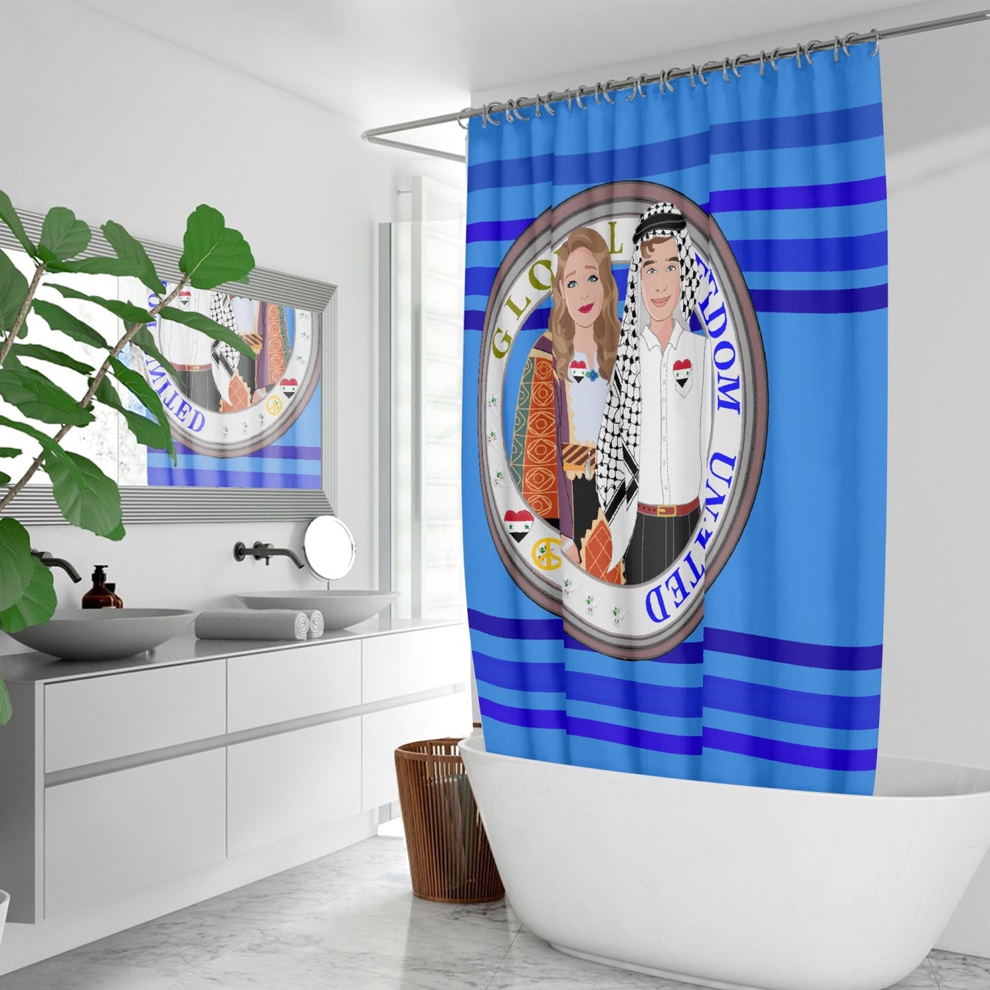 GLOBAL FREEDOM UNITED© Couple Syria Deep Blue - Quick-drying Shower Curtain