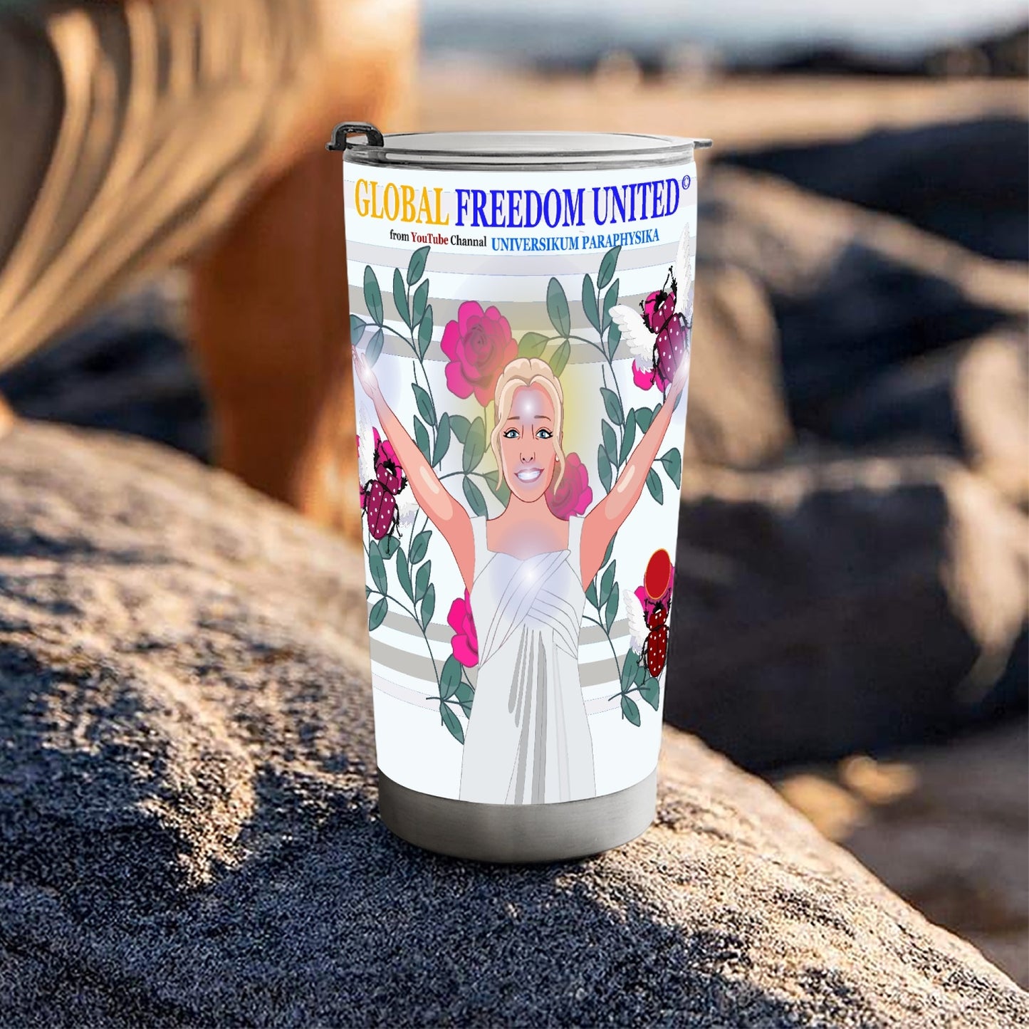 Tumbler GLOBAL FREEDOM UNITED© UNIVERSIKUM PARAPHYSIKA SPIRITUEL Pink ROSES with Skarabeus Beetle