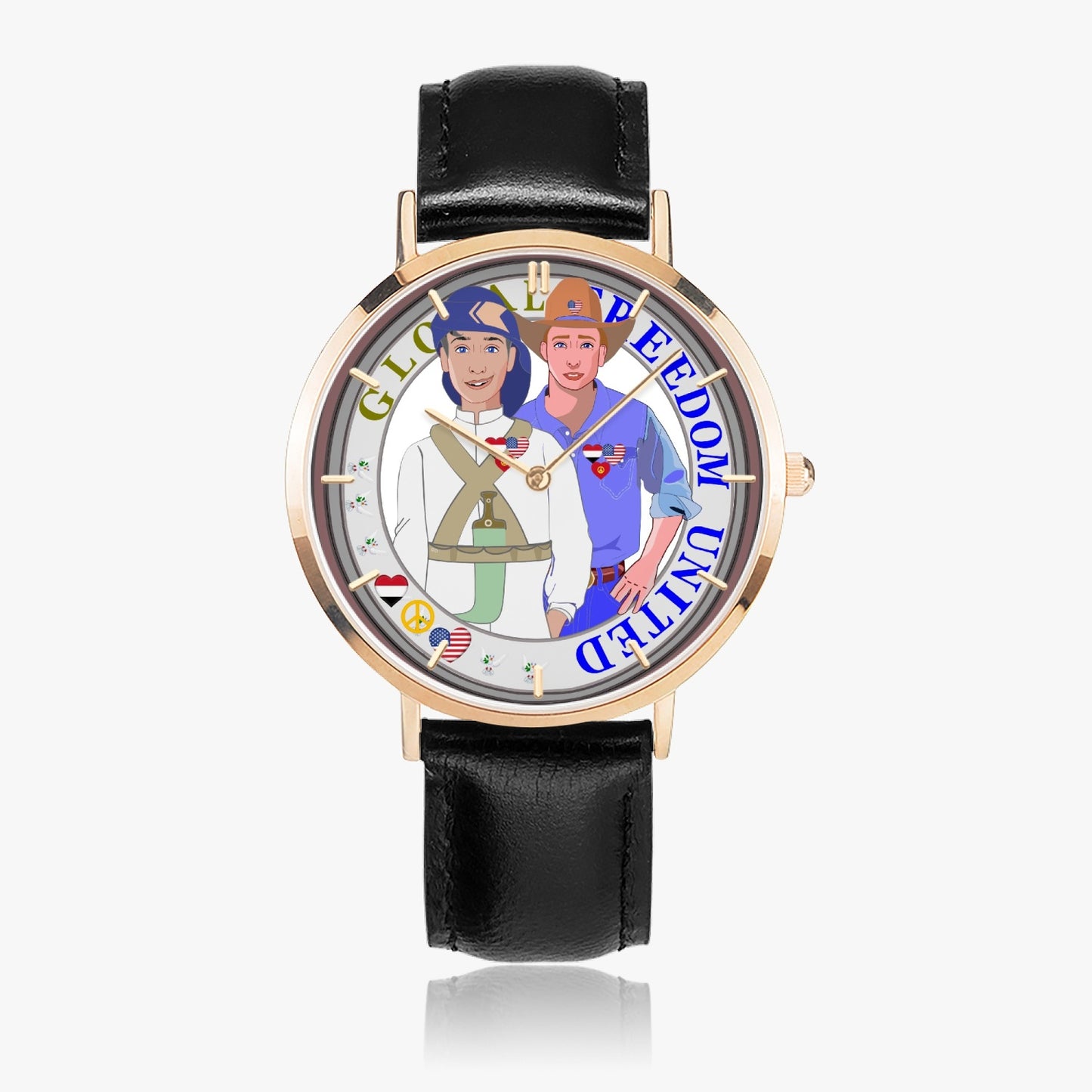 GLOBAL FREEDOM UNITED© Hot Selling Ultra-Thin Leather Strap Quartz Watch (Rose Gold With Indicators) Men Yemen & USA