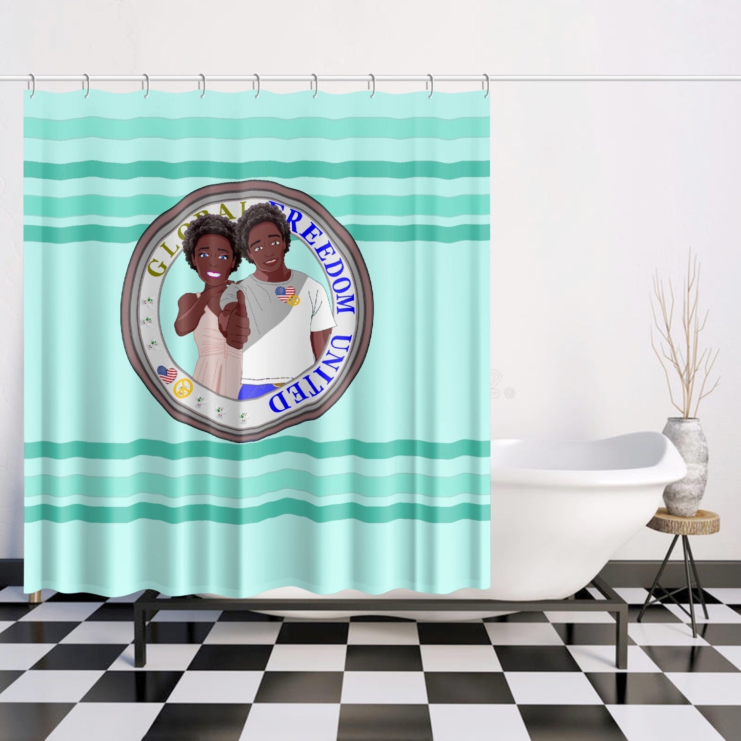 Quick-drying Shower Curtain GLOBAL FREEDOM UNITED© Couple USA Afro American Light Green