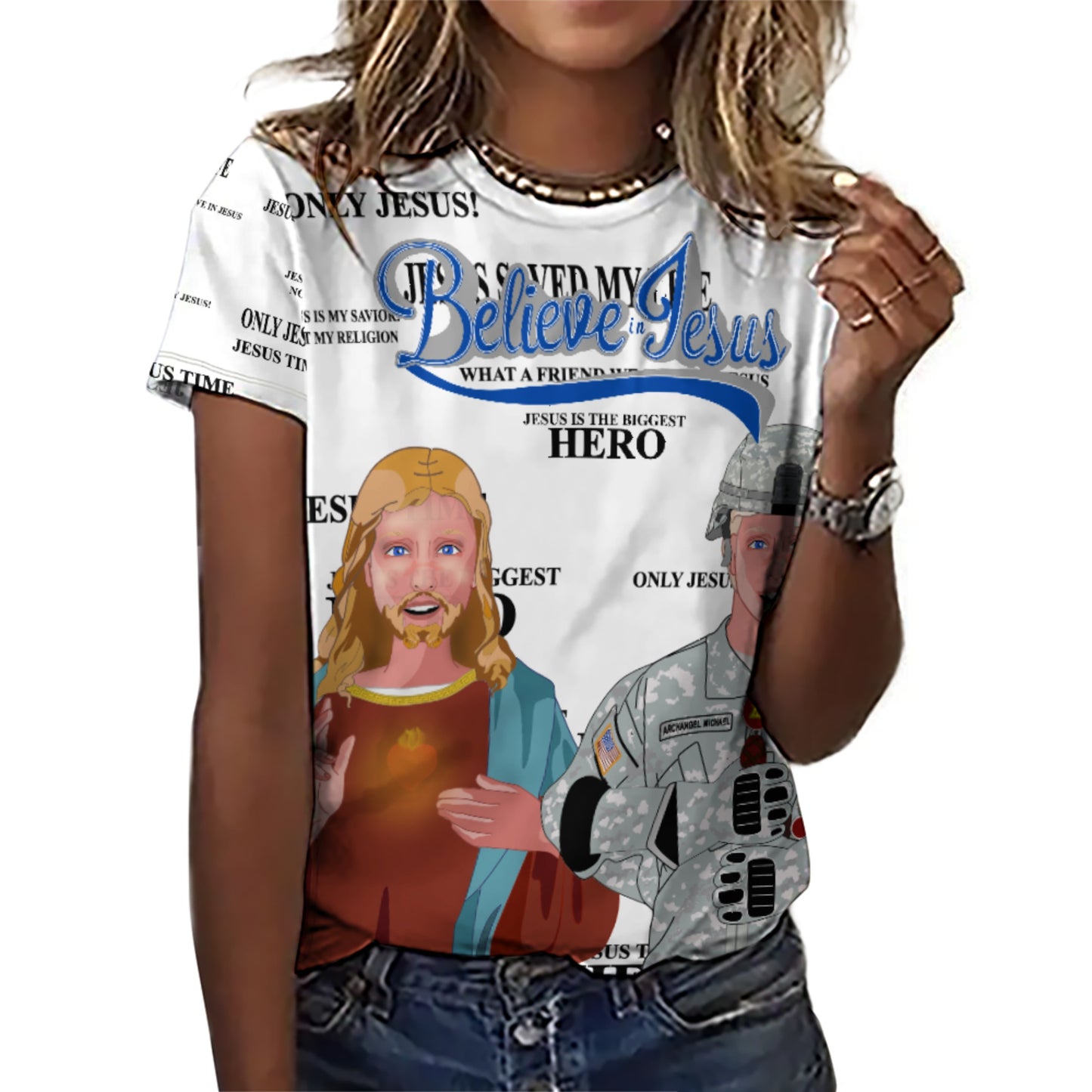 Women´s T-shirt Wight GLOBAL FREEDOM UNITED© Jesus Is A Hero Veteran For US American Soldiers