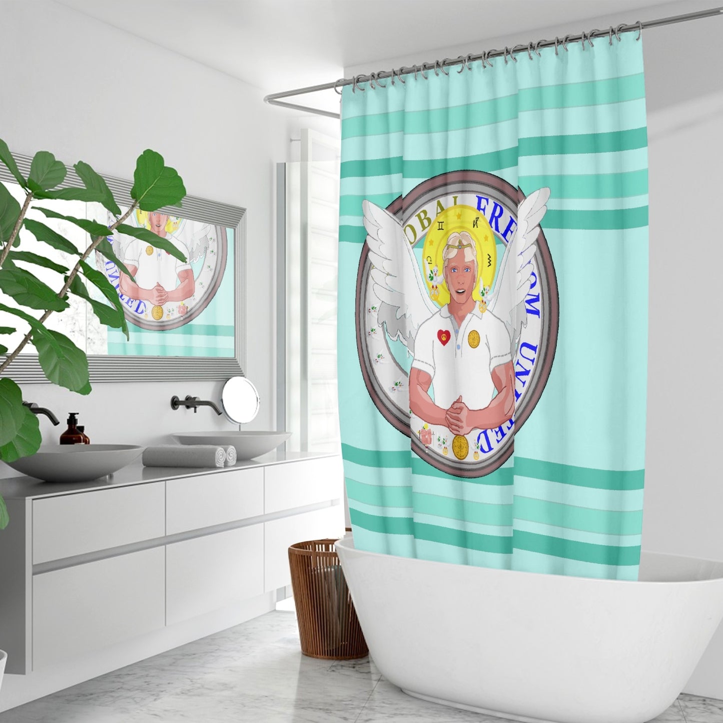 Quick-drying Shower Curtain GLOBAL FREEDOM UNITED© Archangel Michael Version 2 Light Green