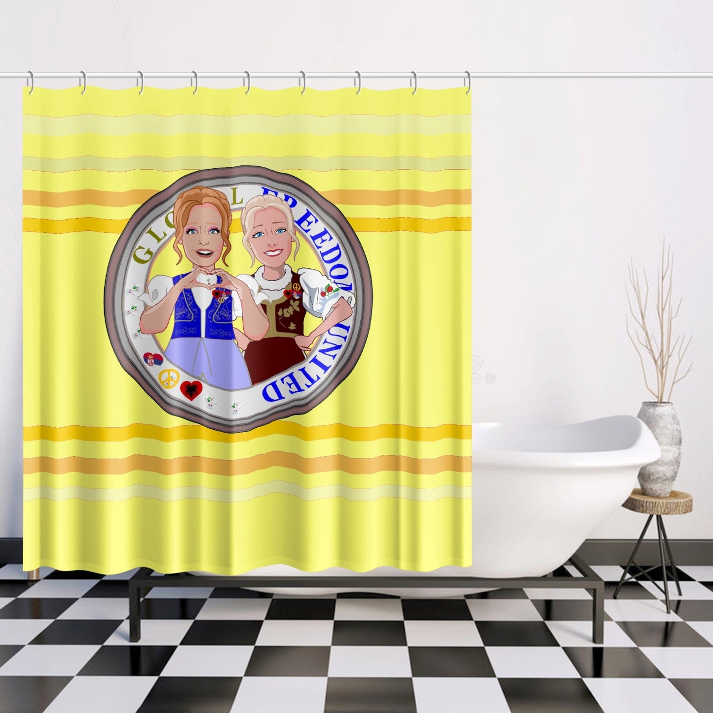 Quick-drying Shower Curtain GLOBAL FREEDOM UNITED© Women Albania & Serbia Yellow