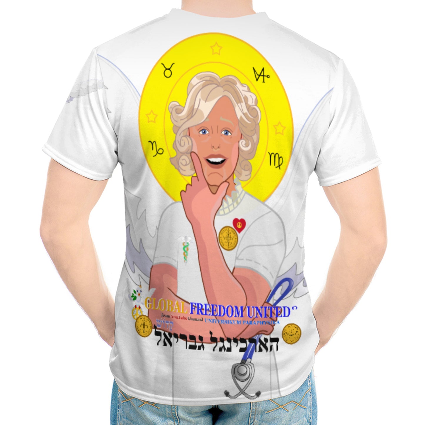 Men´s T-shirt GLOBAL FREEDOM UNITED© Archangel Gabriel Wight Dove Of Peace Hebrew