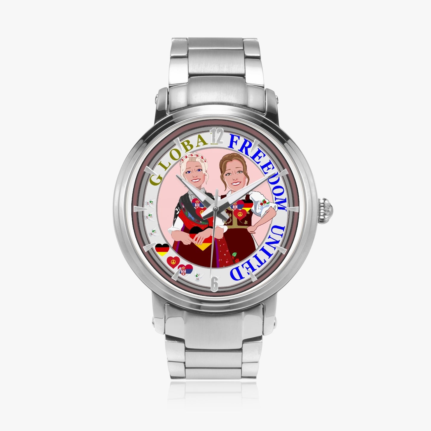 New Steel Strap Automatic Watch (With Indicators) GLOBAL FREEDOM UNITED© Women Serbia & Germany BROWN HAIR