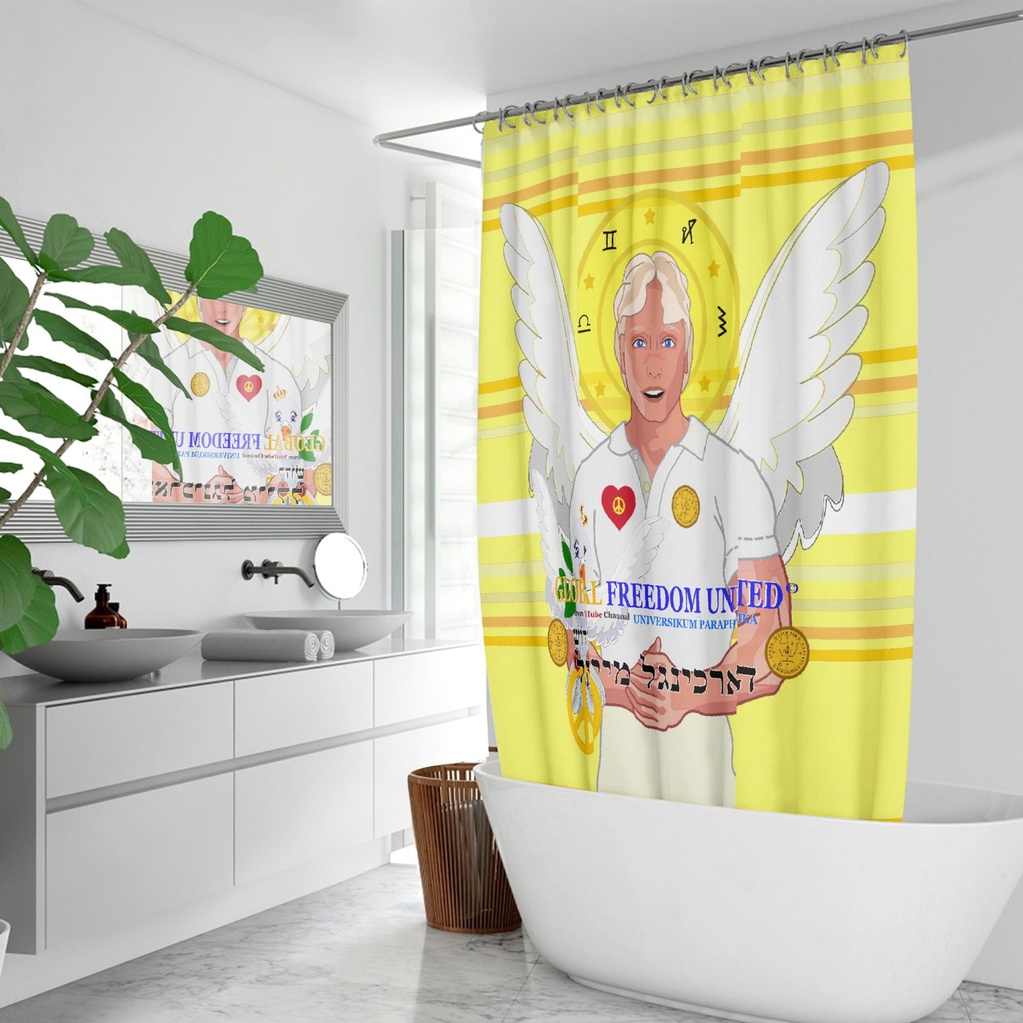 Quick-drying Shower Curtain GLOBAL FREEDOM UNITED ARCHANGEL MICHAEL HEBREW YELLOW