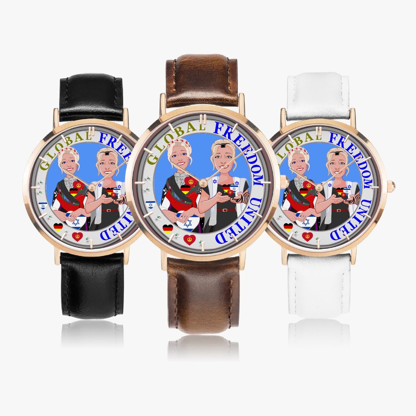 GLOBAL FREEDOM UNITED© Hot Selling Ultra-Thin Leather Strap Quartz Watch (Rose Gold With Indicators) Women Germany & Israel