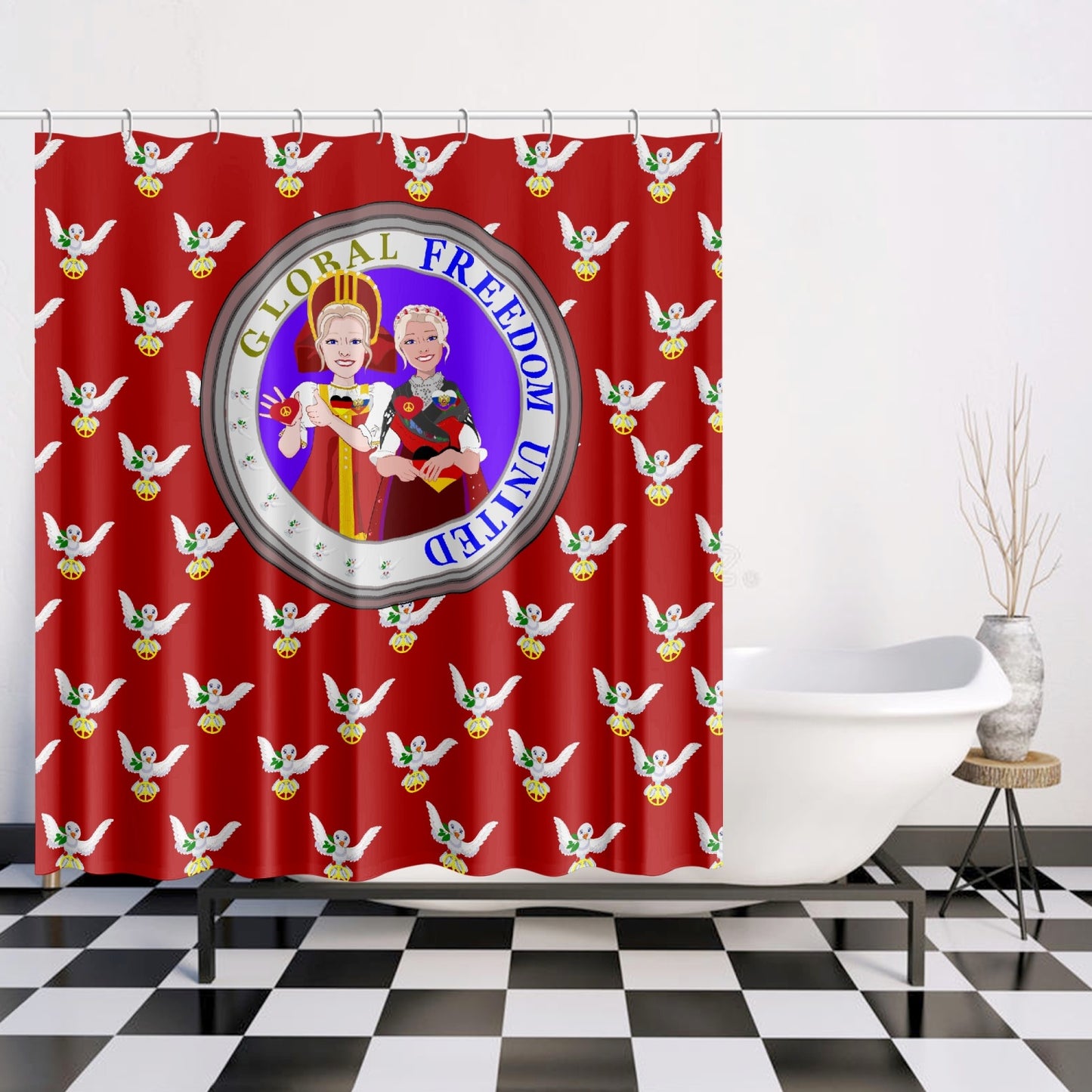 GLOBAL FREEDOM UNITED© WOMEN RUSSIA & GERMANY OLD PEACE RED Quick-drying Shower Curtain