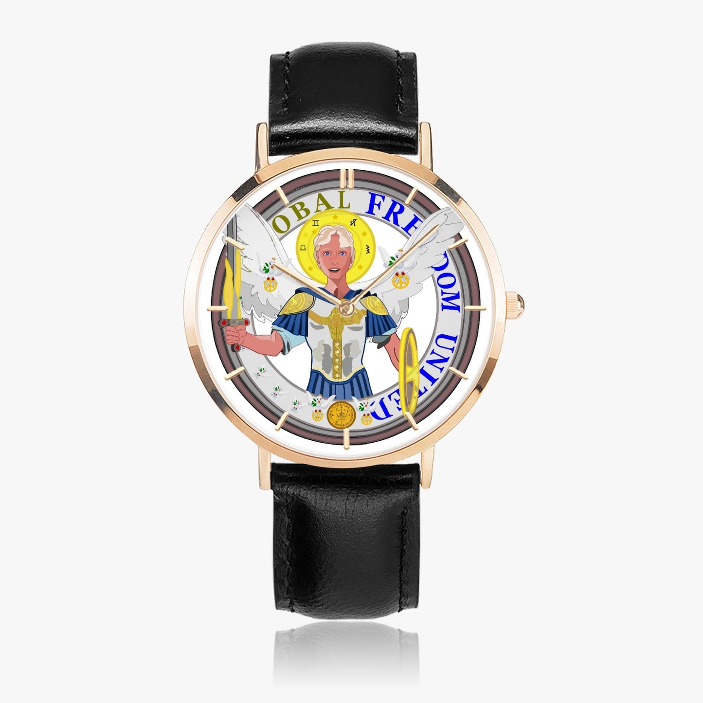 GLOBAL FREEDOM UNITED© ARCHANGEL MICHAEL NO1 Hot Selling Ultra-Thin Leather Strap Quartz Watch (Rose Gold With Indicators)