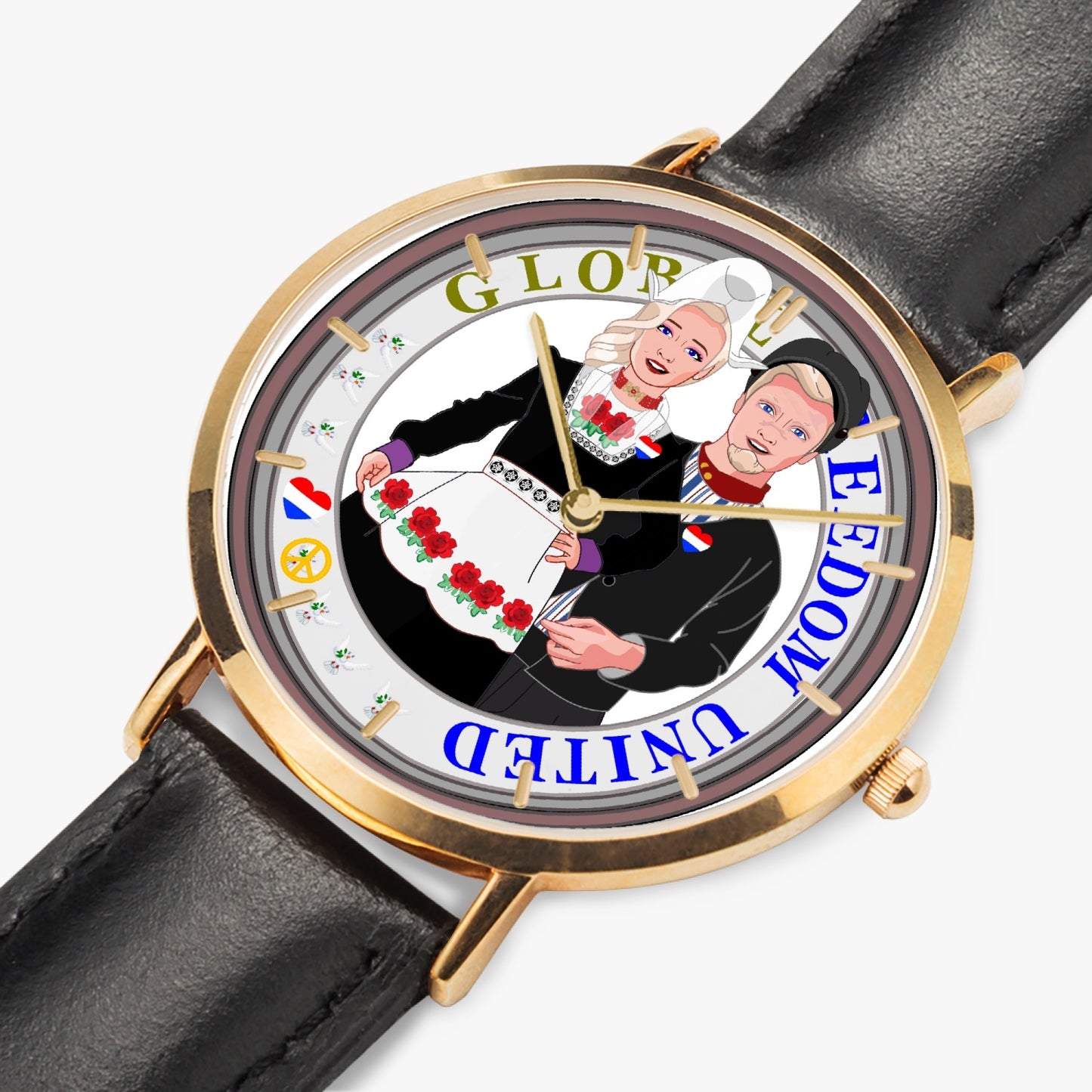 GLOBAL FREEDOM UNITED© Couple Nederland Hot Selling Ultra-Thin Leather Strap Quartz Watch (Rose Gold With Indicators)