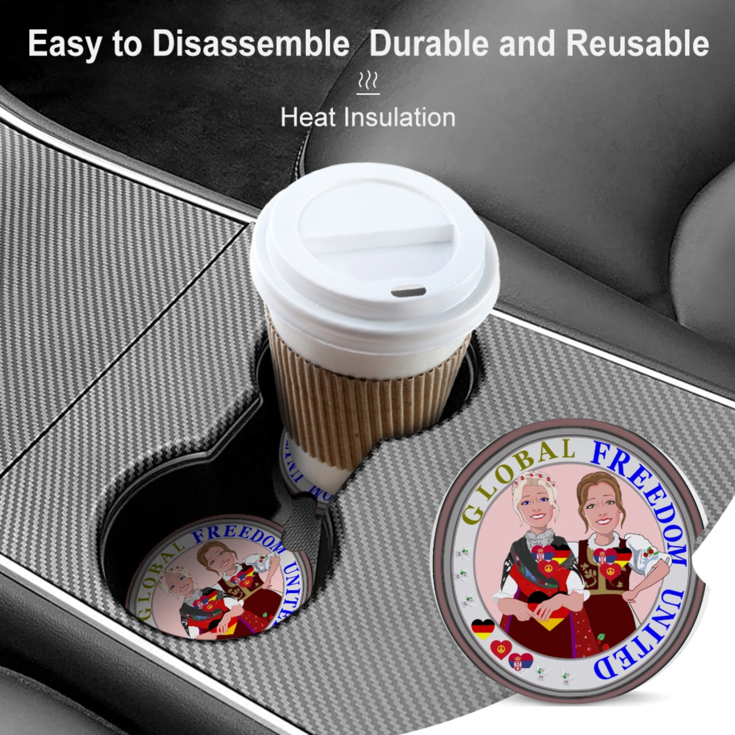 Ceramic Car Coaster GLOBAL FREEDOM UNITED© Women Serbia & Germany V1