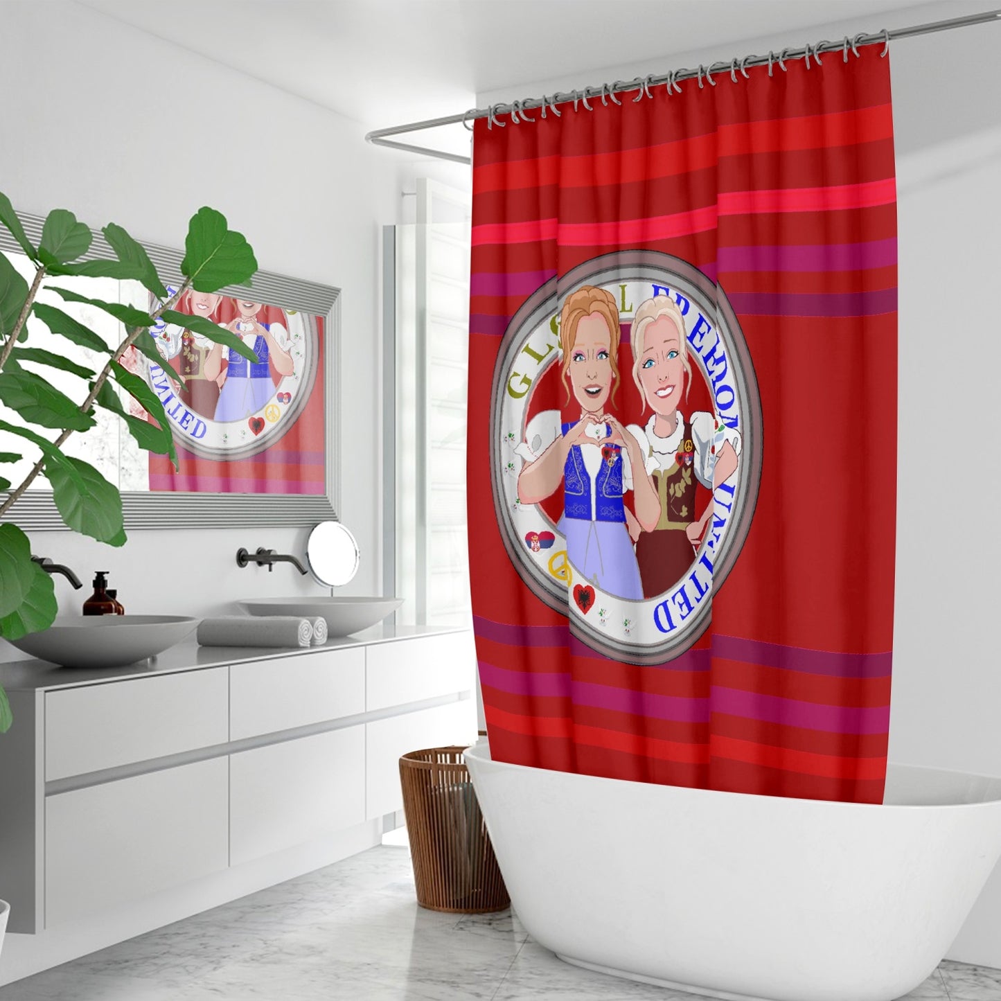 Quick-drying Shower Curtain GLOBAL FREEDOM UNITED© Women Albania & Serbia Red