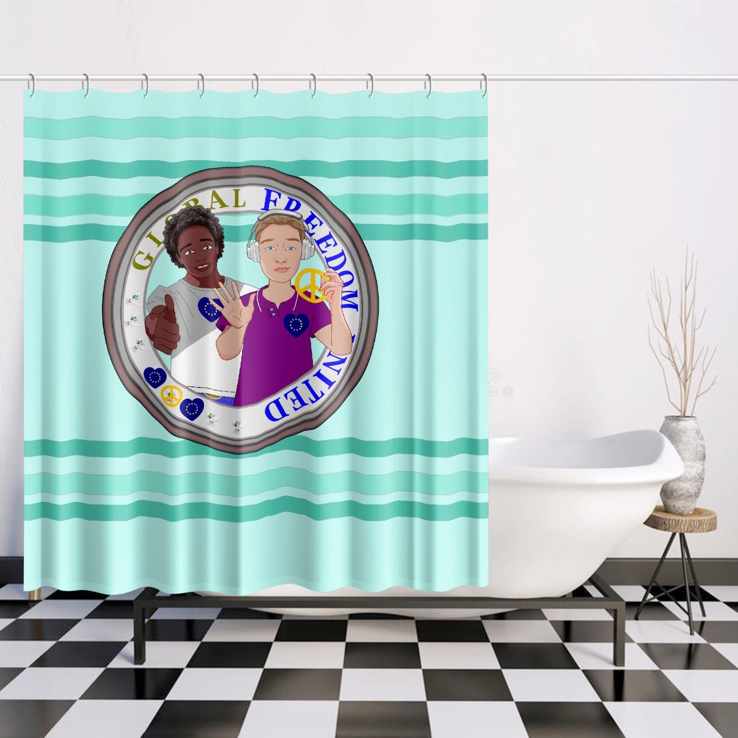 Quick-drying Shower Curtain  GLOBAL FREEDOM UNITED© Men Anti Fascism & Racism EU Light Green